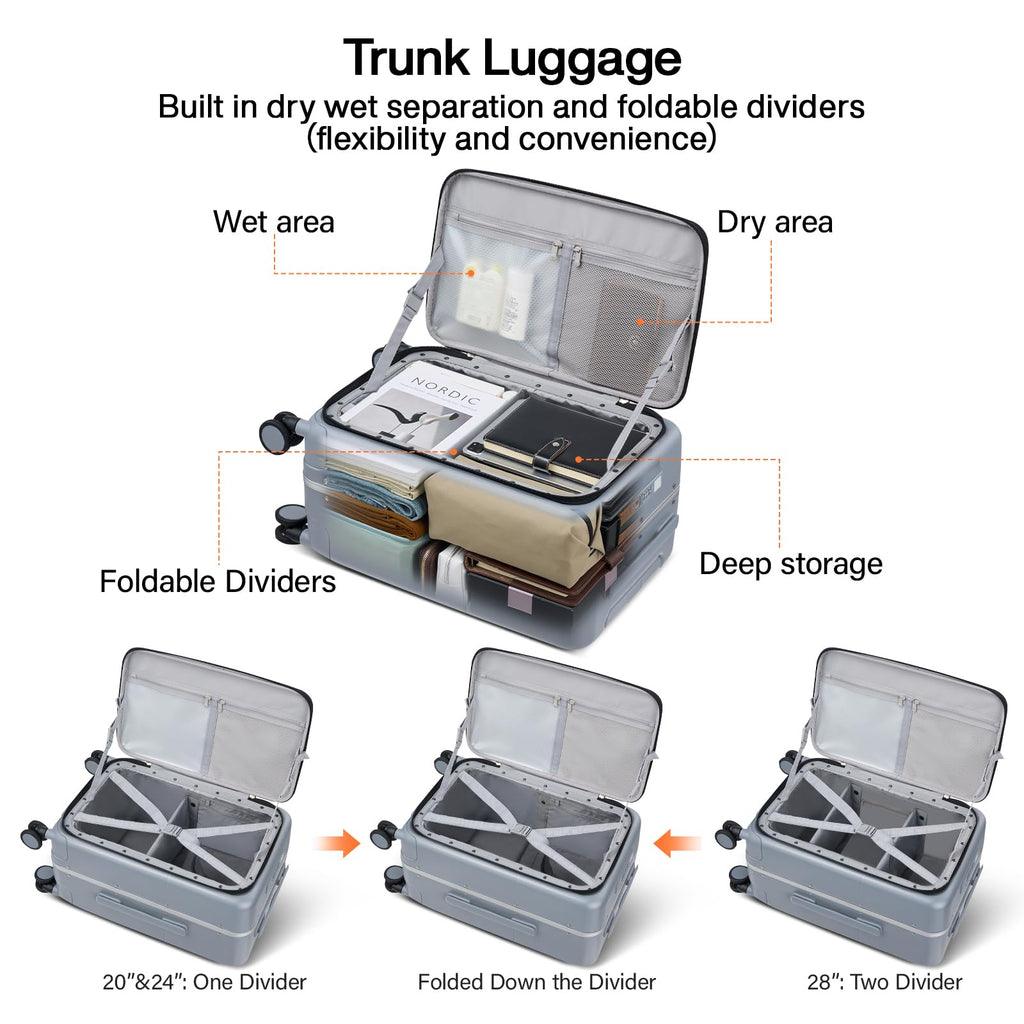 Hanke 28 Inch Checked Luggage with Cup Holder and USB Ports, Top Opening Hard Shell Suitcase with Wheels, Aluminum Frame Large Trunk Luggage with Foldable Divider & TSA Lock for Travel, Gray