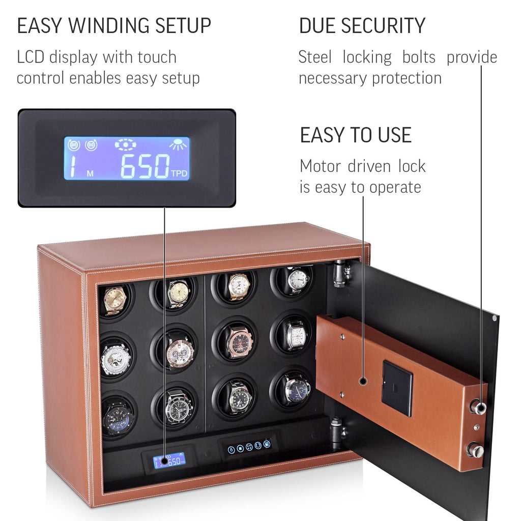 Watch Winder Security Safe for Automatic Watches with Digital Lock, Faux Leather Finish and Interior Backlight (12 watches, Brown)