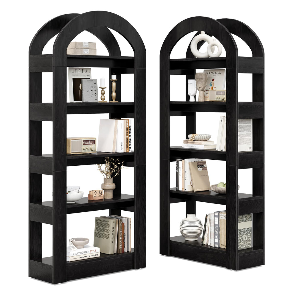 LITTLE TREE 5-Tier Bookshelf, Arch-Shaped Racks, Tall Standing Wooden Bookcase Display Shelf Modern Storage Solution (2, Black)