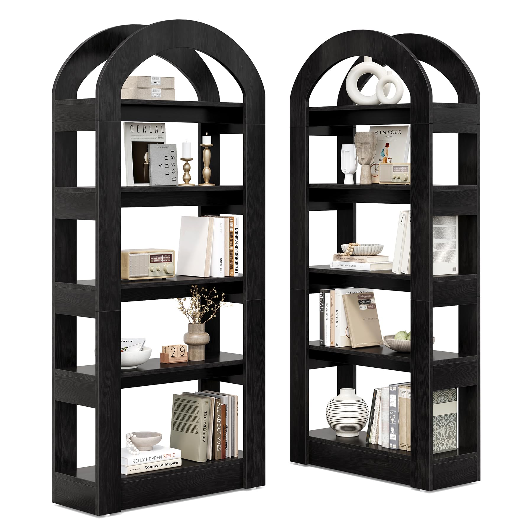 LITTLE TREE 5-Tier Bookshelf, Arch-Shaped Racks, Tall Standing Wooden Bookcase Display Shelf Modern Storage Solution (2, Black)