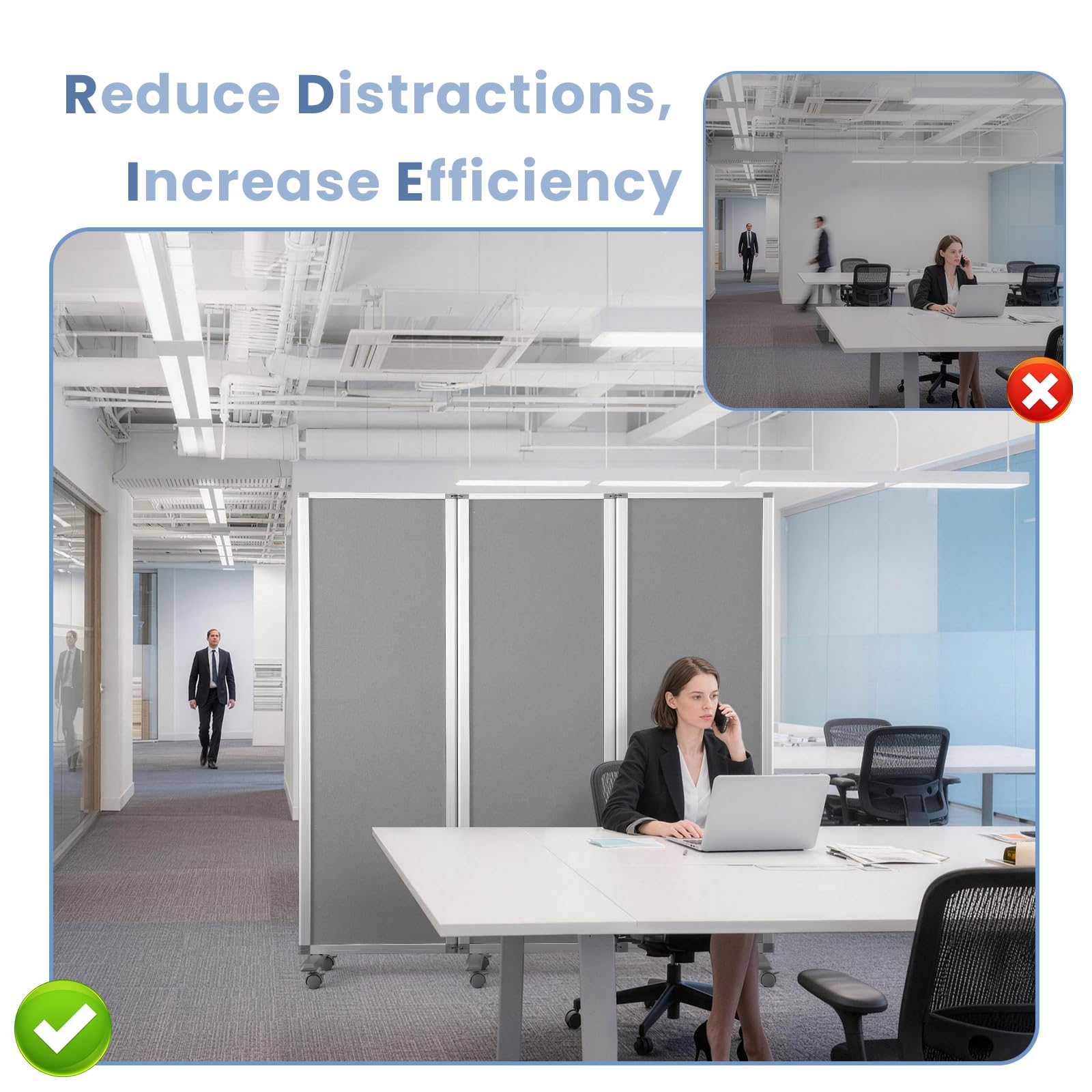 MAKELLO Portable Office Partitions 71" H x 71" W, Freestanding Office Dividers Partition Wall for Room, 3-Panel Trifold Privacy Panel, Aluminum Frame, Gray Felt
