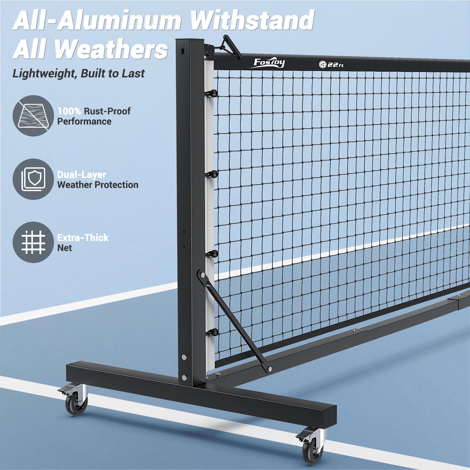 Fostoy Pro Aluminum Pickleball Net with Carbon Fiber Paddle, Dual-Side Tension Lock System, Locking Wheels, 22FT Tournament Regulation Size for Outdoor Court, Driveway & Gym, Easy Setup, Carry Bag