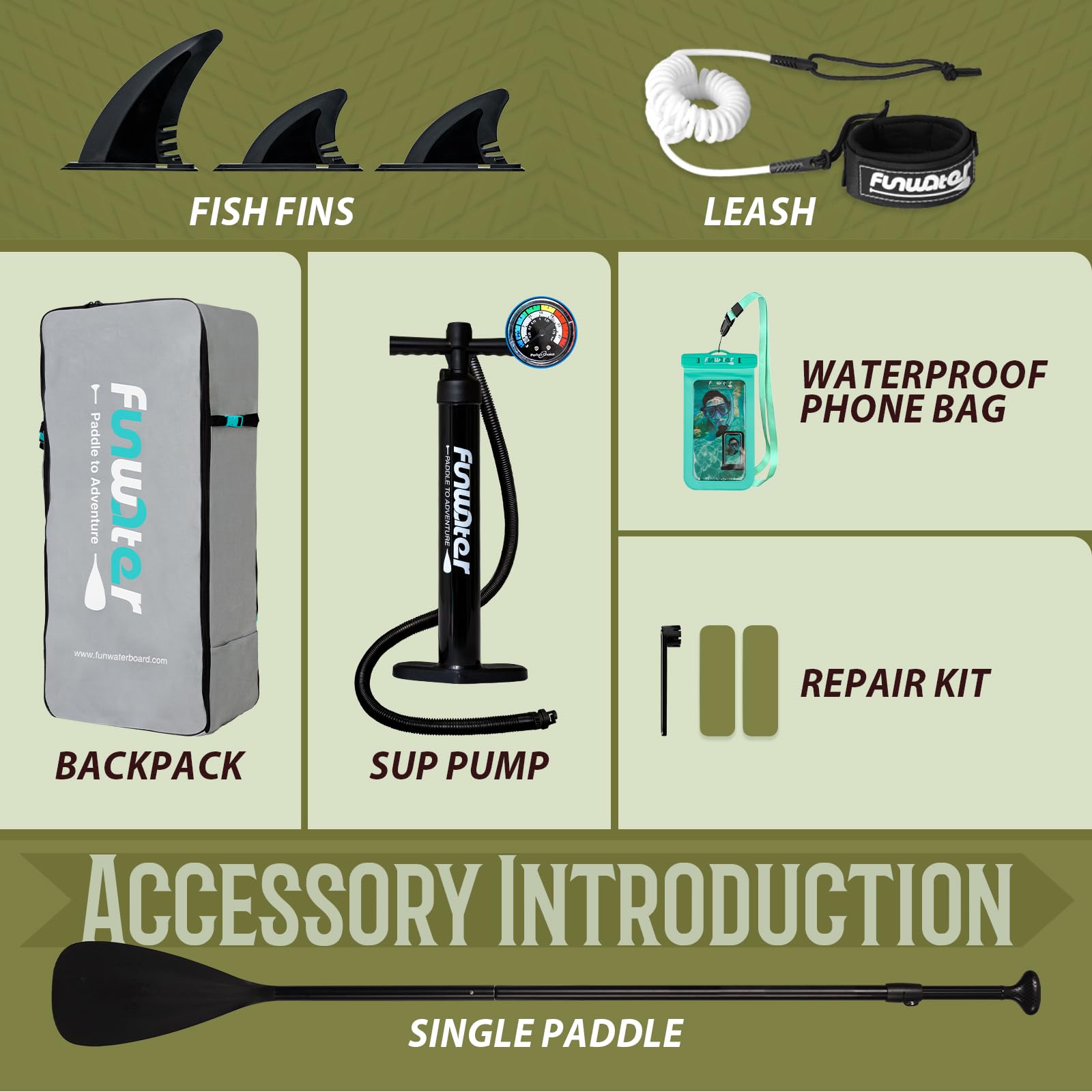 FunWater SUP Inflatable Stand Up Paddle Board Ultra-Light Inflatable Paddleboard with SUP Accessories,Fins,Adjustable Paddle, Pump,Backpack, Leash, Waterproof Phone Bag(Brown)