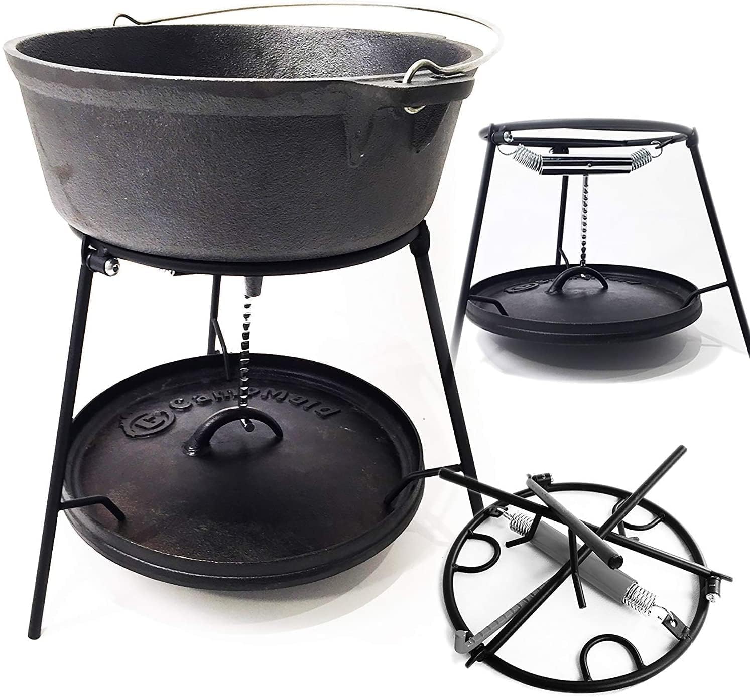 CampMaid Outdoor Cooking Set - Dutch Oven and Tools Set - Charcoal Holder & Cast Iron Grill Accessories - Camping Grill Set - Outdoor Cooking Essentials - Camp Kitchen Equipment - (6 Piece Set)