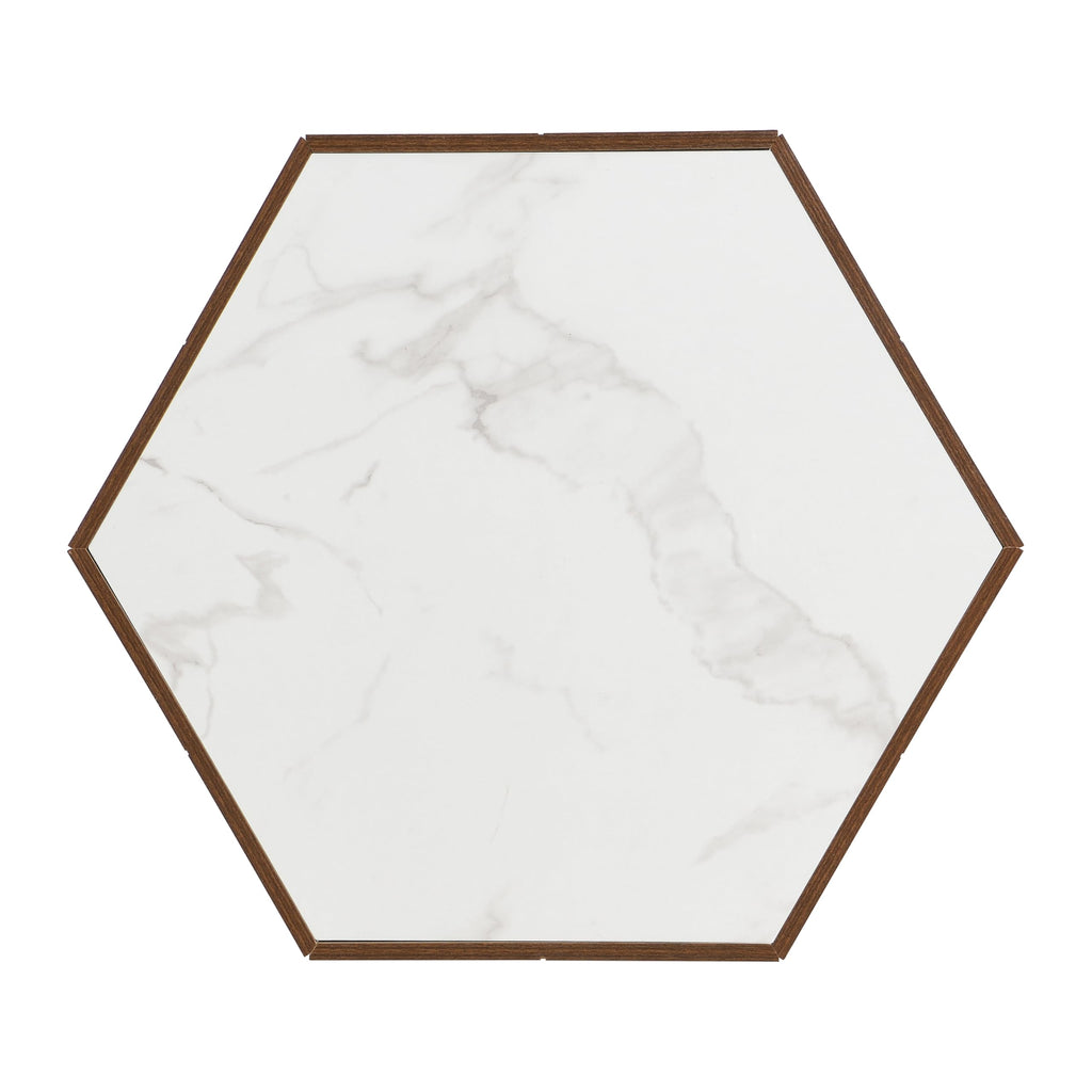 Merax Rustic Retro Coffee Table with 2 Hidden Drawers, Hexagonal Wooden Living Room Table with Textured White Marble Tops, Walunt Oak Finish