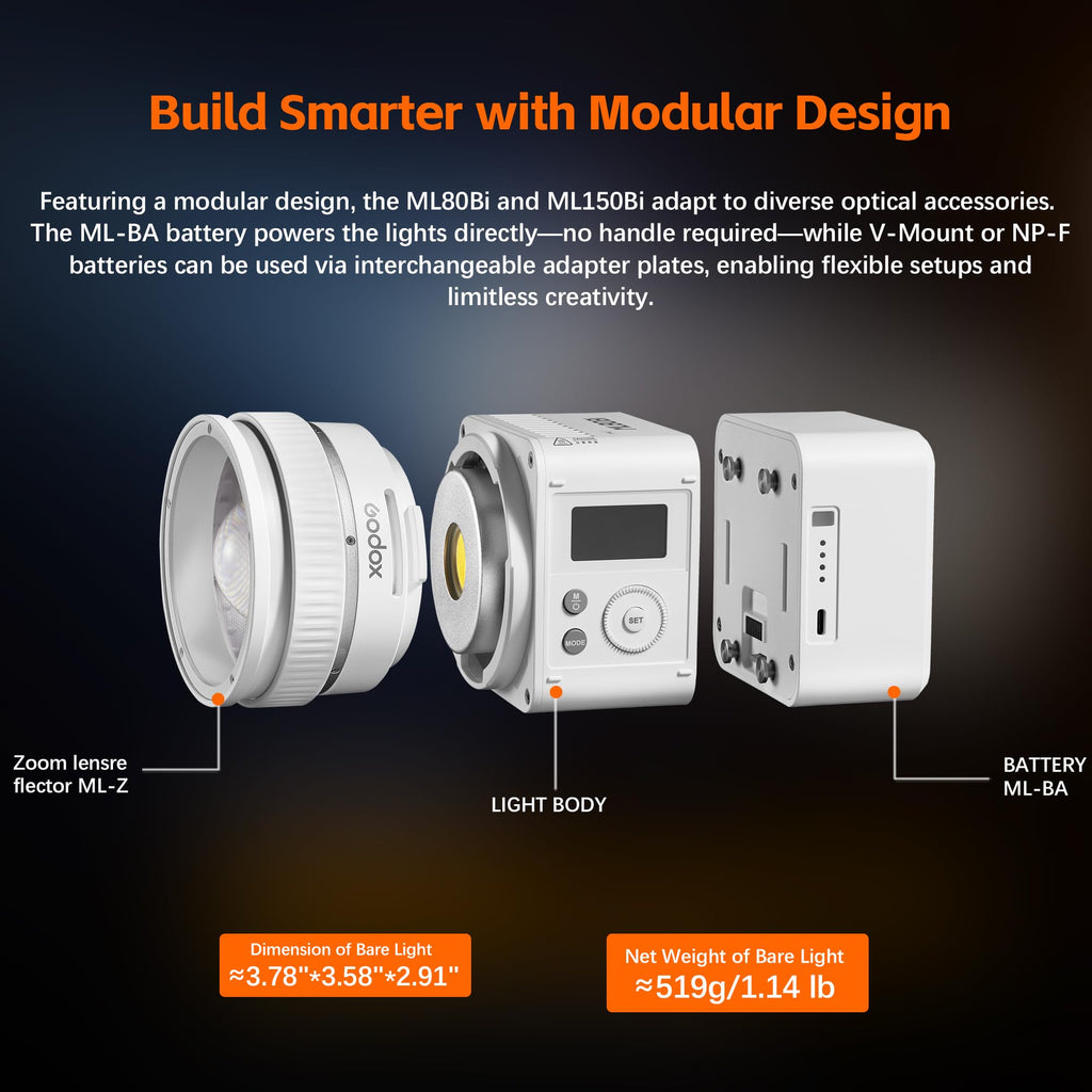 GODOX ML150BI LED Video Light BI-Color 2800K-6500K,Portable Handheld Led Photo Monolight,CRI 96+ TLCI 97+,61054Lux@1m,Support NFC&APP, for Photographers,Filmmakers,Studios