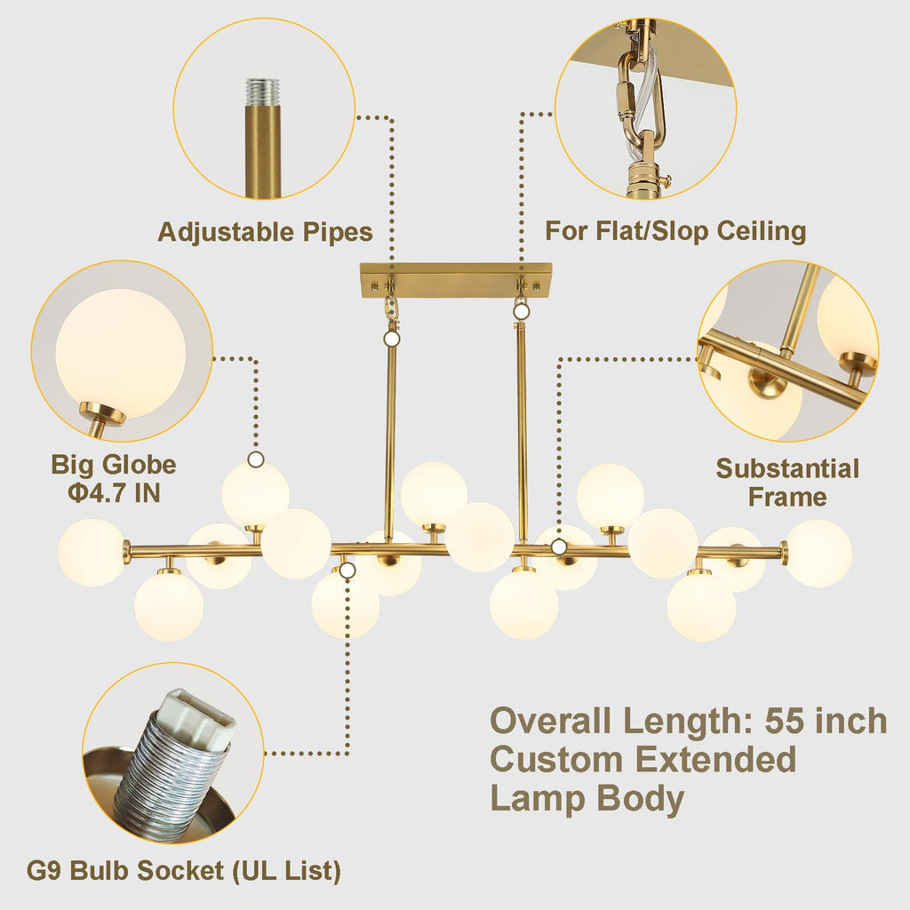 APLampara Mid Century Modern Chandelier 55in Linear Chandeliers 16-Light Brass Gold Pendant Lighting Fixture for Dining Room, Kitchen Island