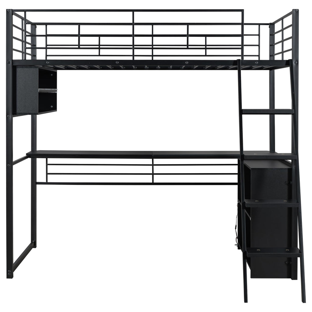 Metal Twin Size Loft Bed with Desk and LED Light,Heavy Duty Loft Bed Frame with Storage Shelves and Inclined Ladder for Kids,Adults,Twin Size,Black