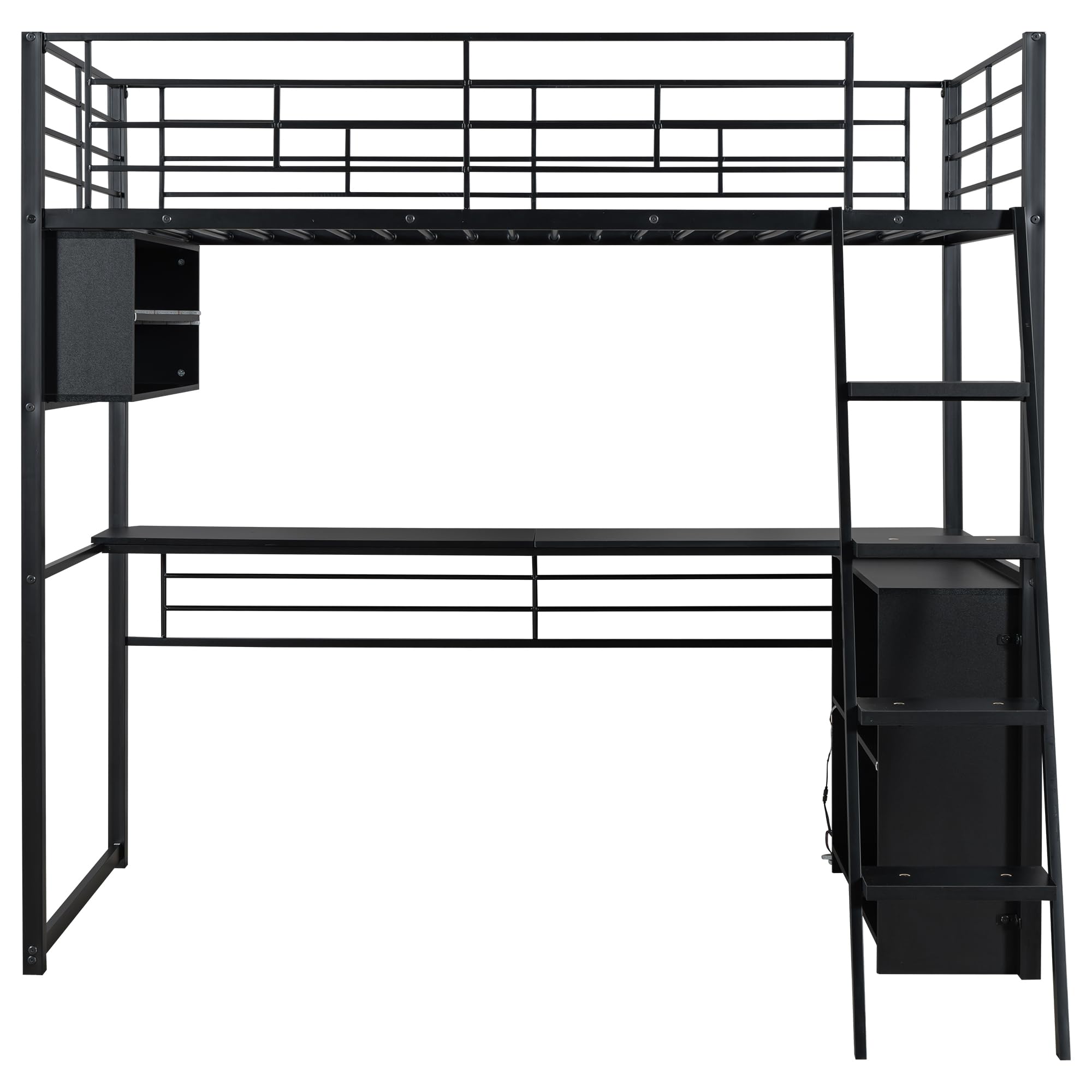 Metal Twin Size Loft Bed with Desk and LED Light,Heavy Duty Loft Bed Frame with Storage Shelves and Inclined Ladder for Kids,Adults,Twin Size,Black