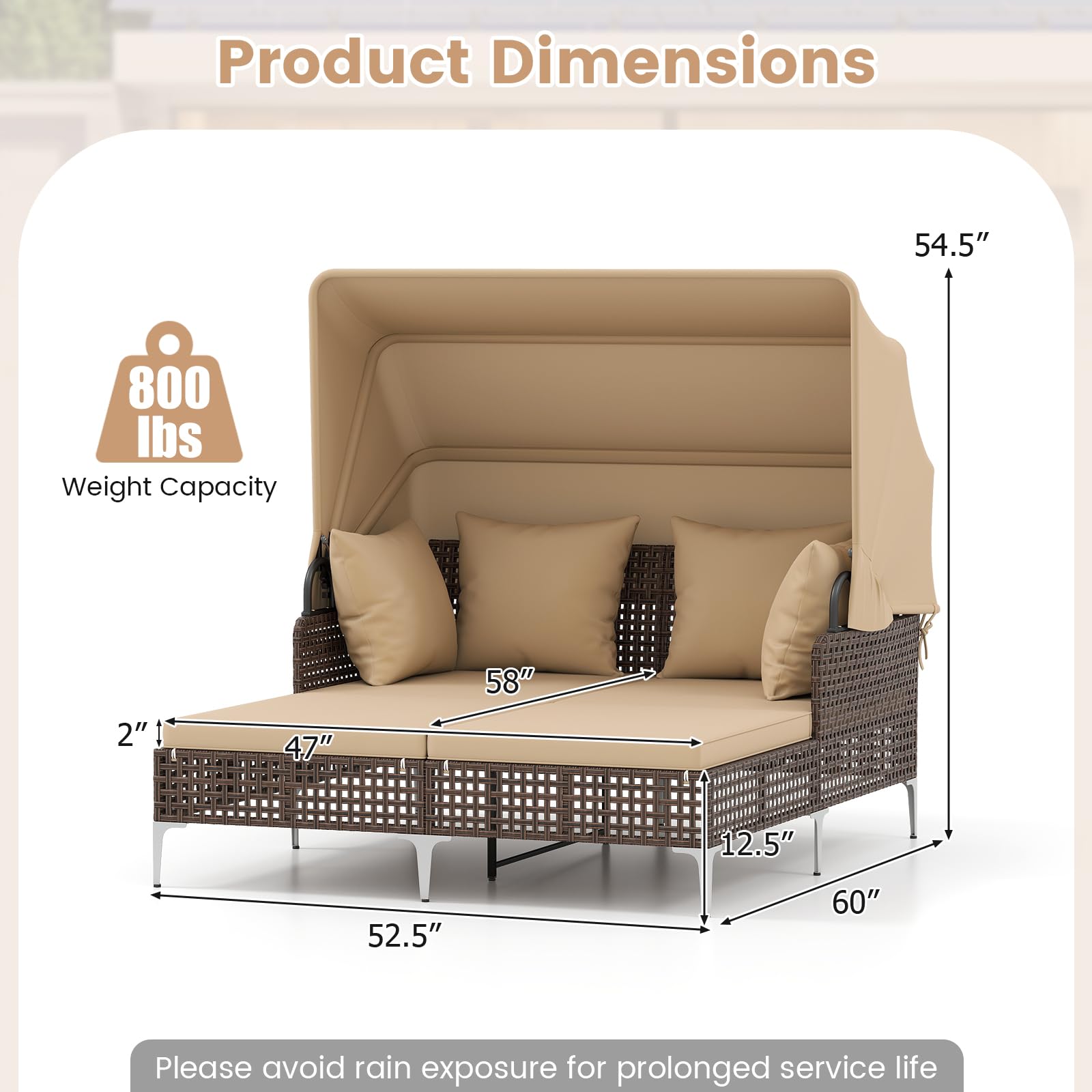 HAPPYGRILL Outdoor Daybed with Retractable Canopy, PE Wicker Rattan Patio Double Chaise Lounger with Cushions, Outside Sunbed Furniture for Garden, Poolside and Backyard (Beige)