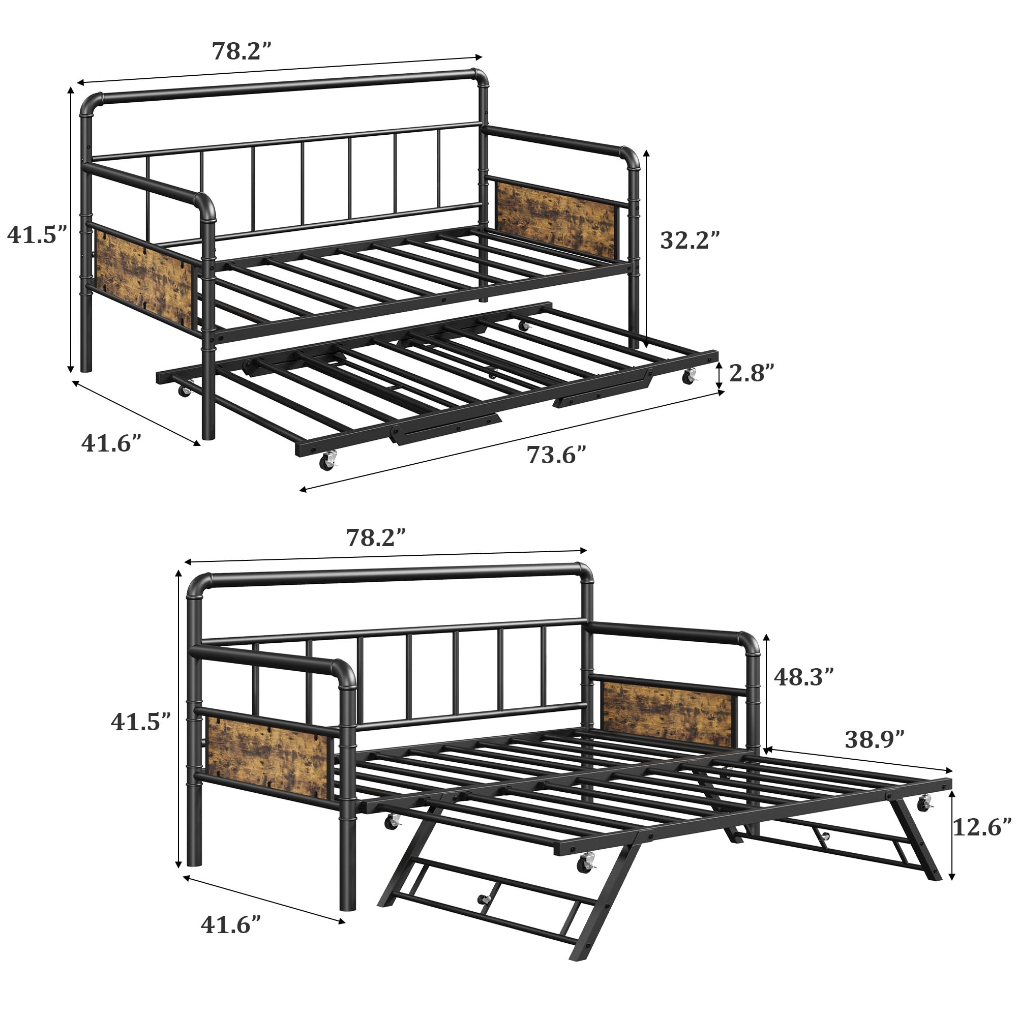 IDEALHOUSE Twin Daybed and Foldable Metal Trundle Bed, Metal Twin Bed Frame Heavy Duty Steel Slats Support,Sofa BedFrame for Living Room, Guest Room,Noise Free, Black