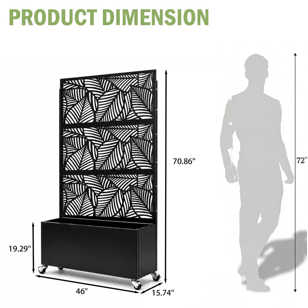 Veemuaro Metal Planter Box with Trellis, 70" H × 46" L Freestanding Outdoor Raised Garden Bed with Privacy Screen, Wheels and Drainage Holes, Leaf Privacy Screen Planter Box for Garden, 2PCS