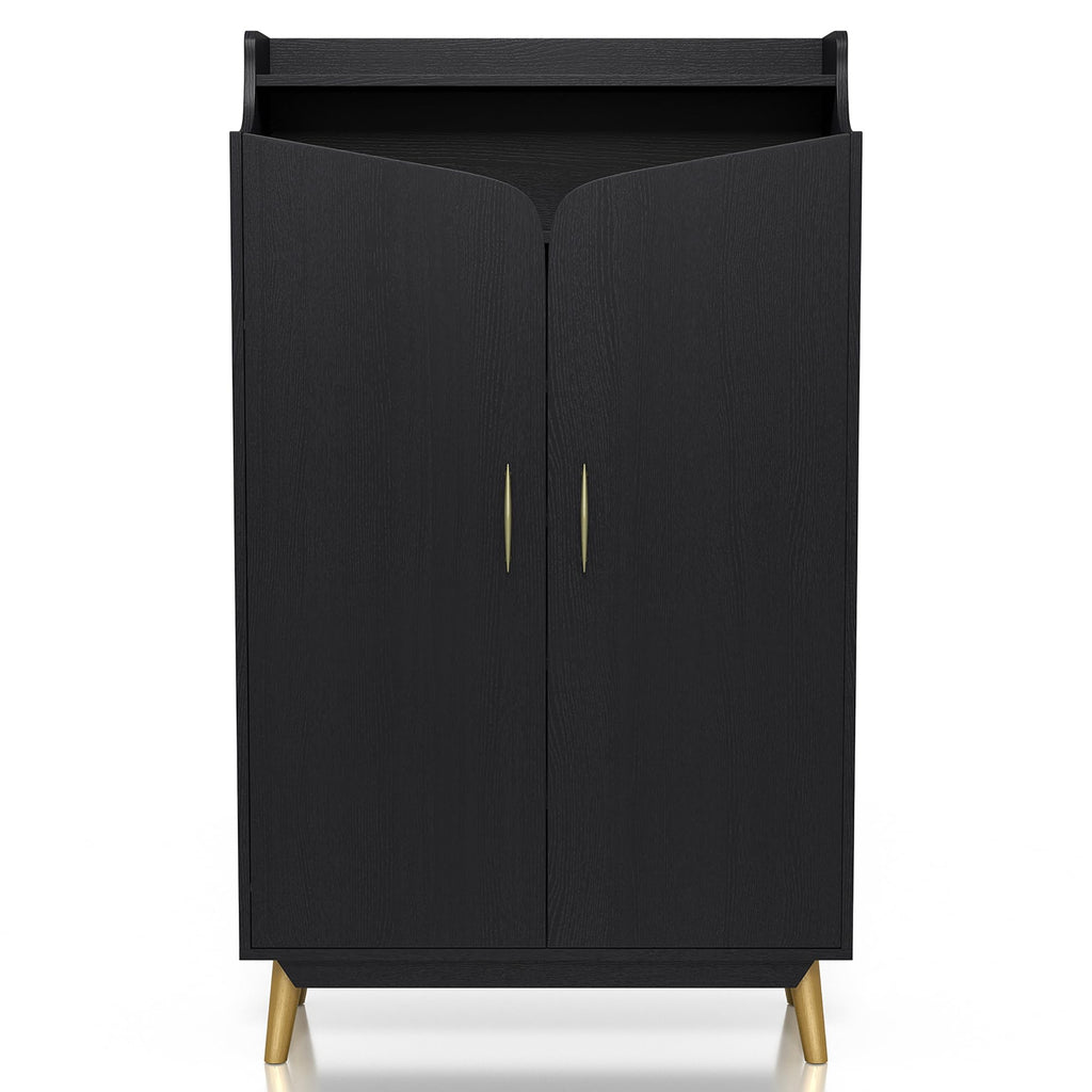 24/7 Shop at Home Ansel Mid-Century Modern 2-Door Storage Wood 32 in. Shoe Cabinet with Adjustable Shelves for Entryway, Hallway, Black