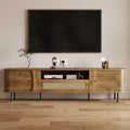 basenji Fully Assembled 71" Mid Century Modern TV Stand with Power Outlet and Sliding Doors, Rattan Entertainment Center with Storage, Wood Media Console,TV Consoles for Living Room,Walnut