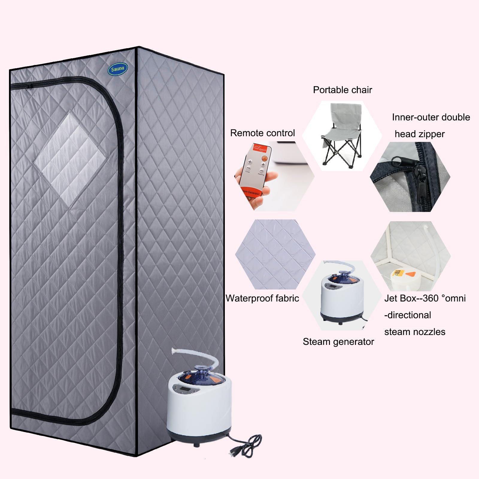 Gecheer Full-Size Portable Grey Steam Sauna Tent for Home Use – Includes Steam Generator, Remote Control, Foldable Chair, Timer, PVC Frame & 360° Steam Nozzles