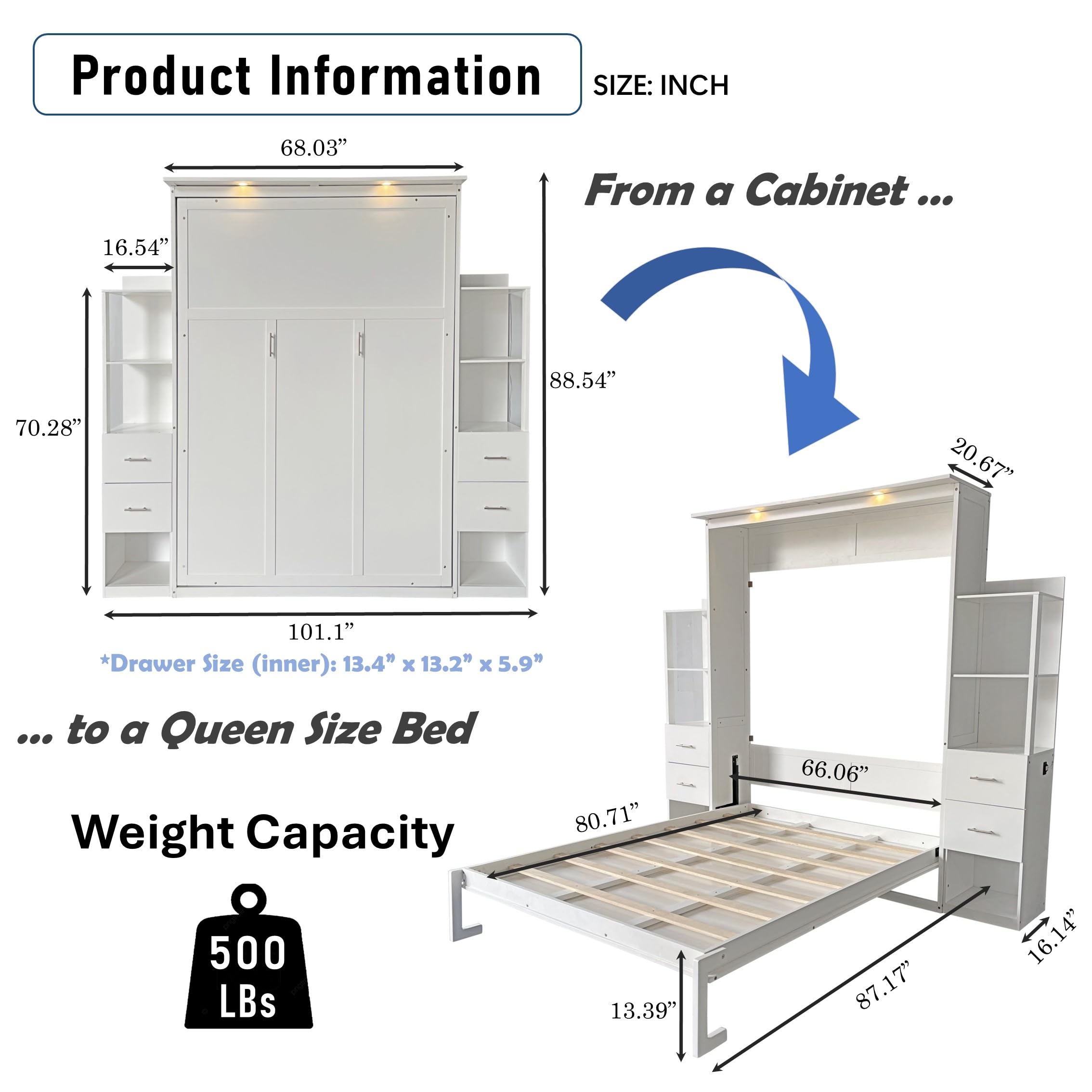 DNYN Queen Size Murphy Bed with 4 Storage Drawers & Shelf & Foldable & Wall Bedframe Design,for Small Space,Bedroom,Guest Room, White