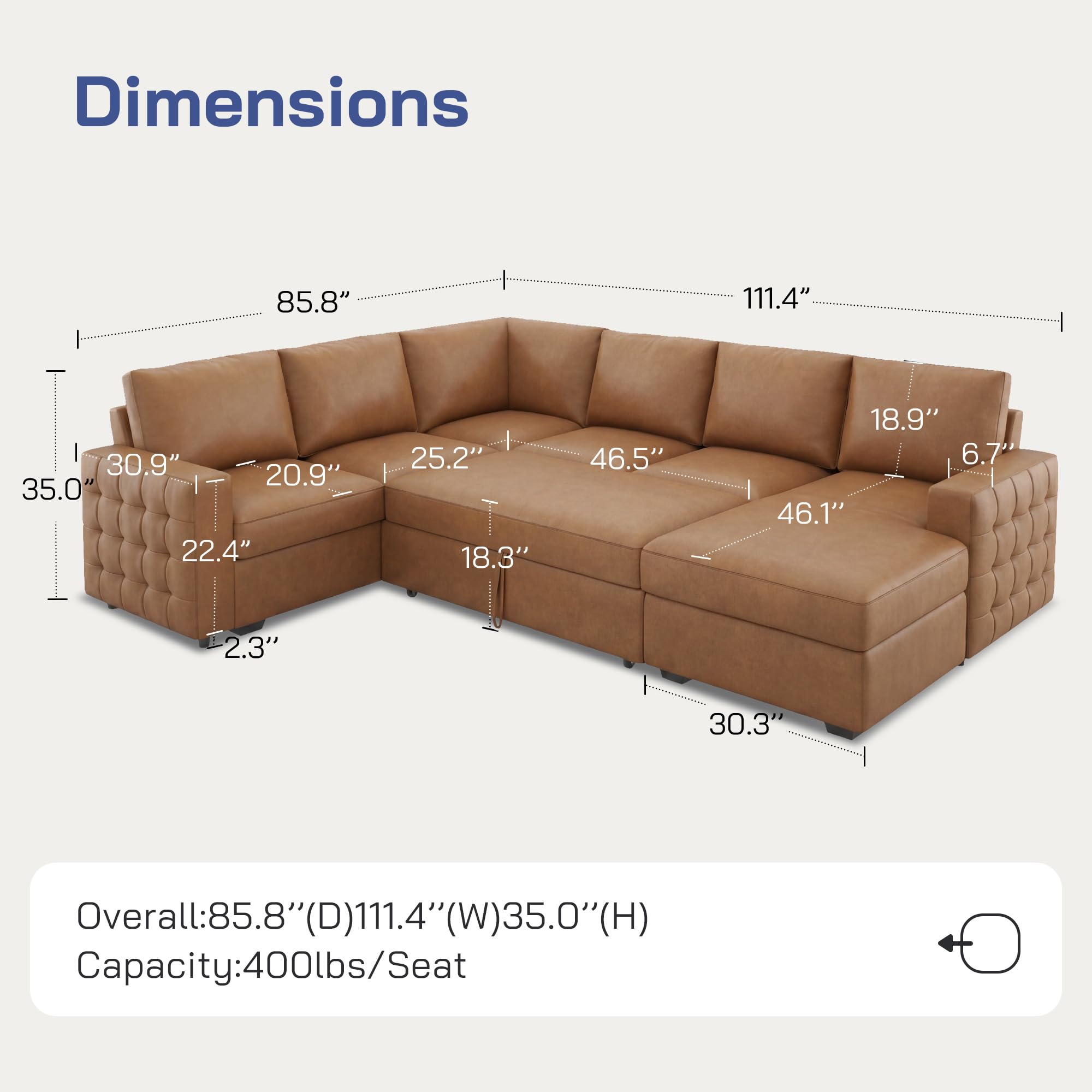Leathaire 111 Inch Sectional Sleeper Sofa with Pull Out Bed, U Shaped 6 Seat Modular Sectional Couch with Storage for Living Room, Faux Leather Brown