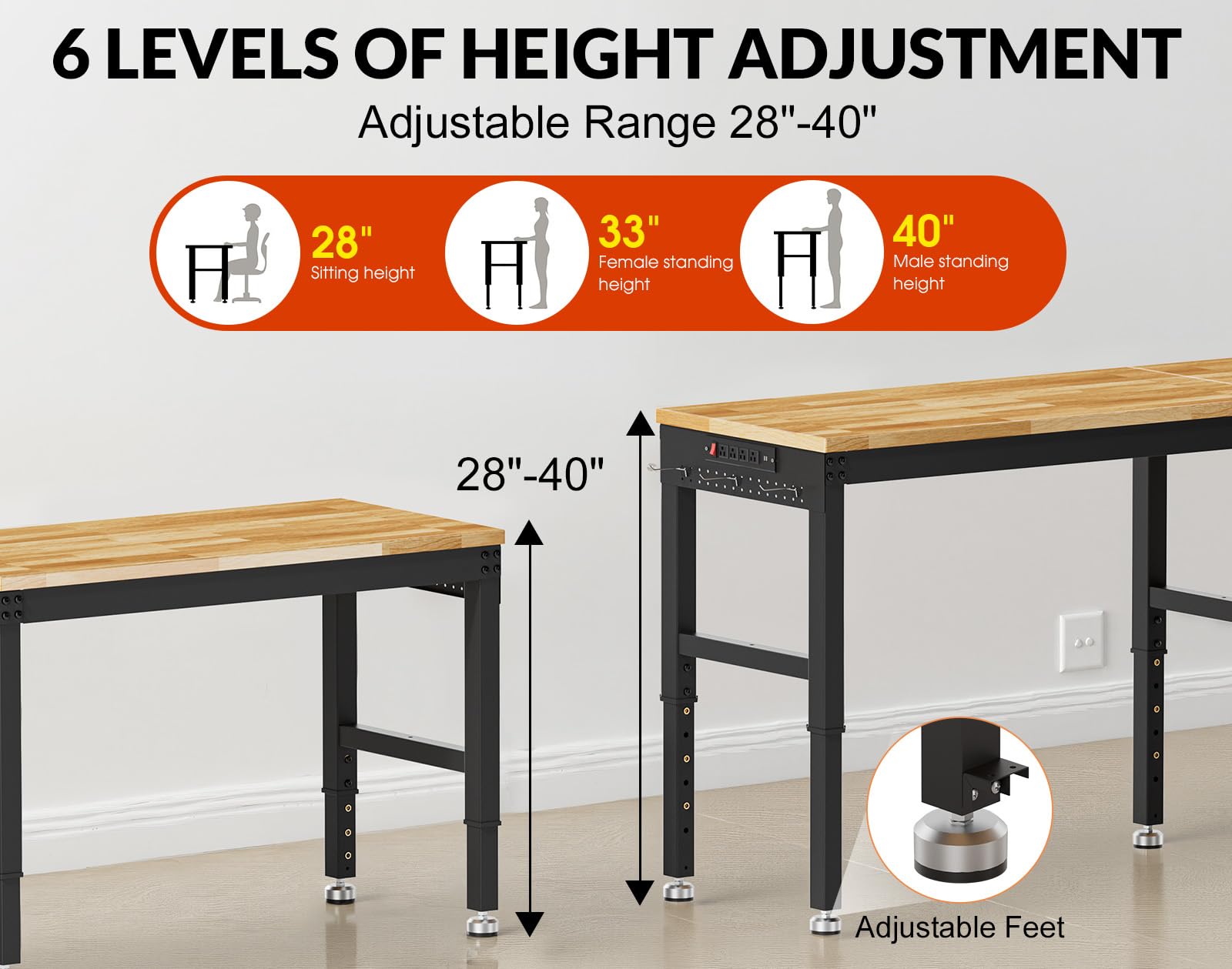 MUWOOD 84” Heavy Duty Work Bench, 2-Layer Adjustable Workbench, 5000 LBS Capacity Work Bench with Power Outlet & Pegboard, Rubber Wood Work Table for Garage, Workshop, Office, Home