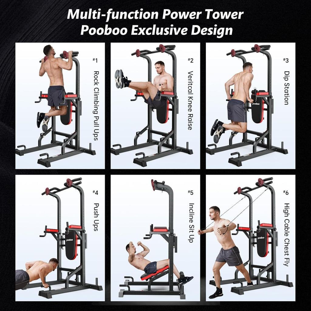Power Tower Dip Station Pull Up Bar for Fitness Home Gym Workout,Multi-Function Adjustable Height Fitness Strength Training Exercise Equipment,with Power Elastic Ropes