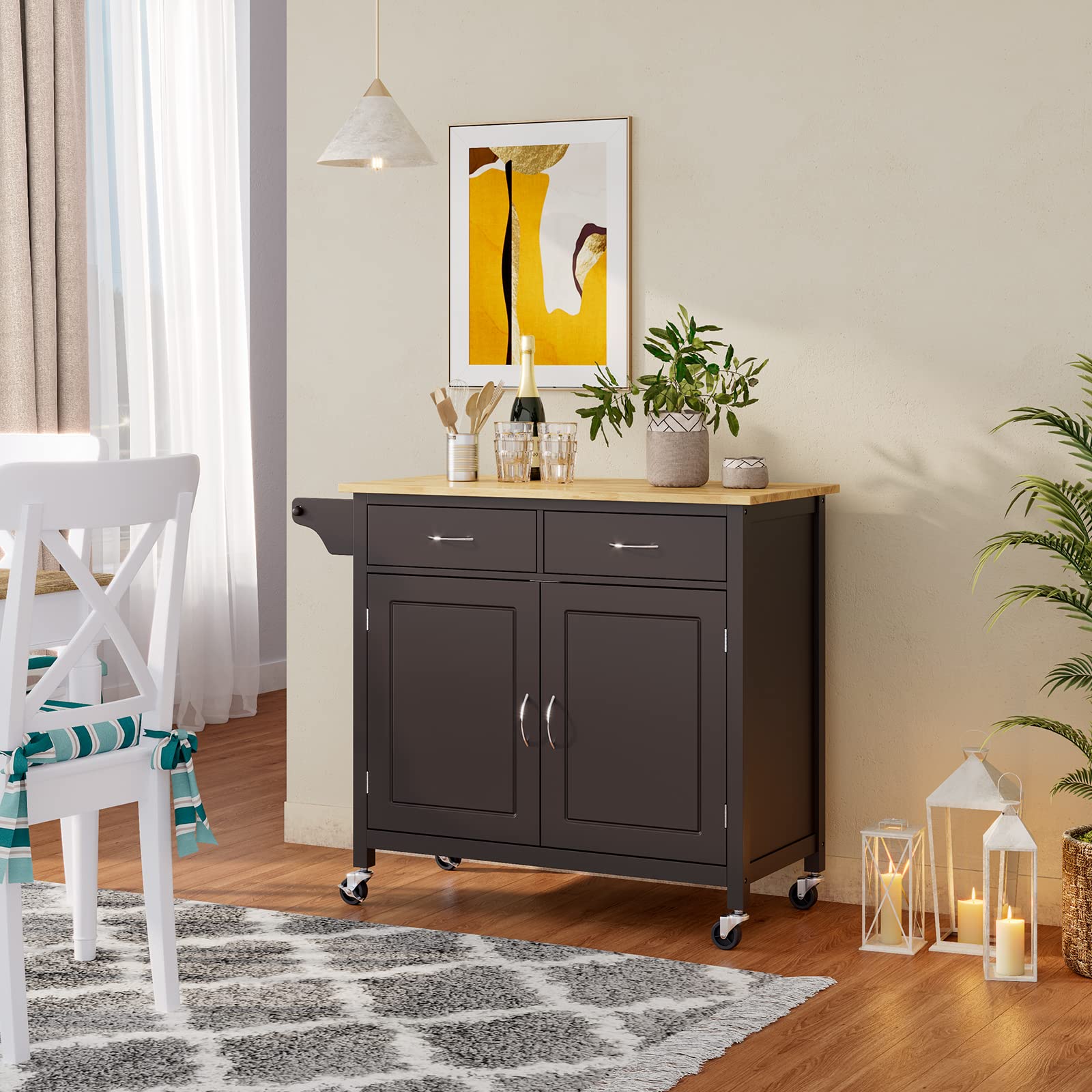 MEDIMALL Rolling Kitchen Island Cart, Utility Serving Cart with Drawers, Adjustable Shelf & Towel Rack, Mobile Island Table, Wooden Storage Trolley for Home, Restaurant & Bar, Rustic Brown