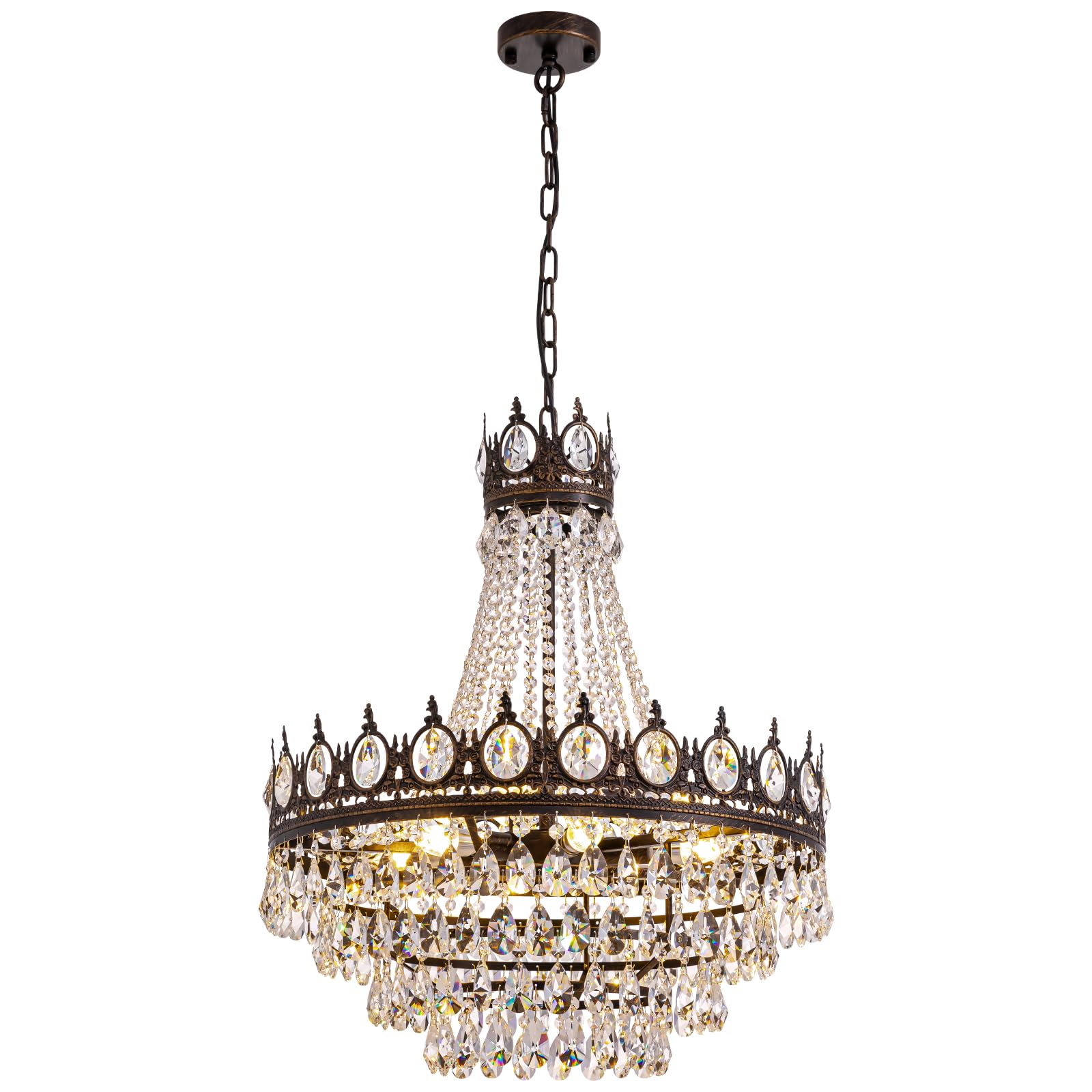 7PM French Empire Crystal Chandeliers, Vintage Crystal Chandelier, Antique Bronze Chandelier, Rustic Farmhouse Ceiling Light Fixture for Dining Room Bedroom Living Room Kitchen Foyer, W 24"