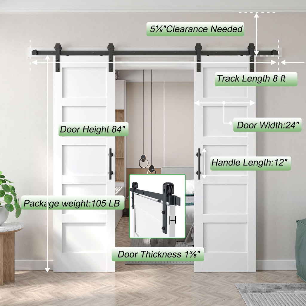 Fredbeck Double 24x84 inch White Barn Door with 8FT Barn Door Hardware Kit Included,with MDF and Wood,DIY Assembly,5-Panel,48inch barn Door,Fit 45in-47in Opening
