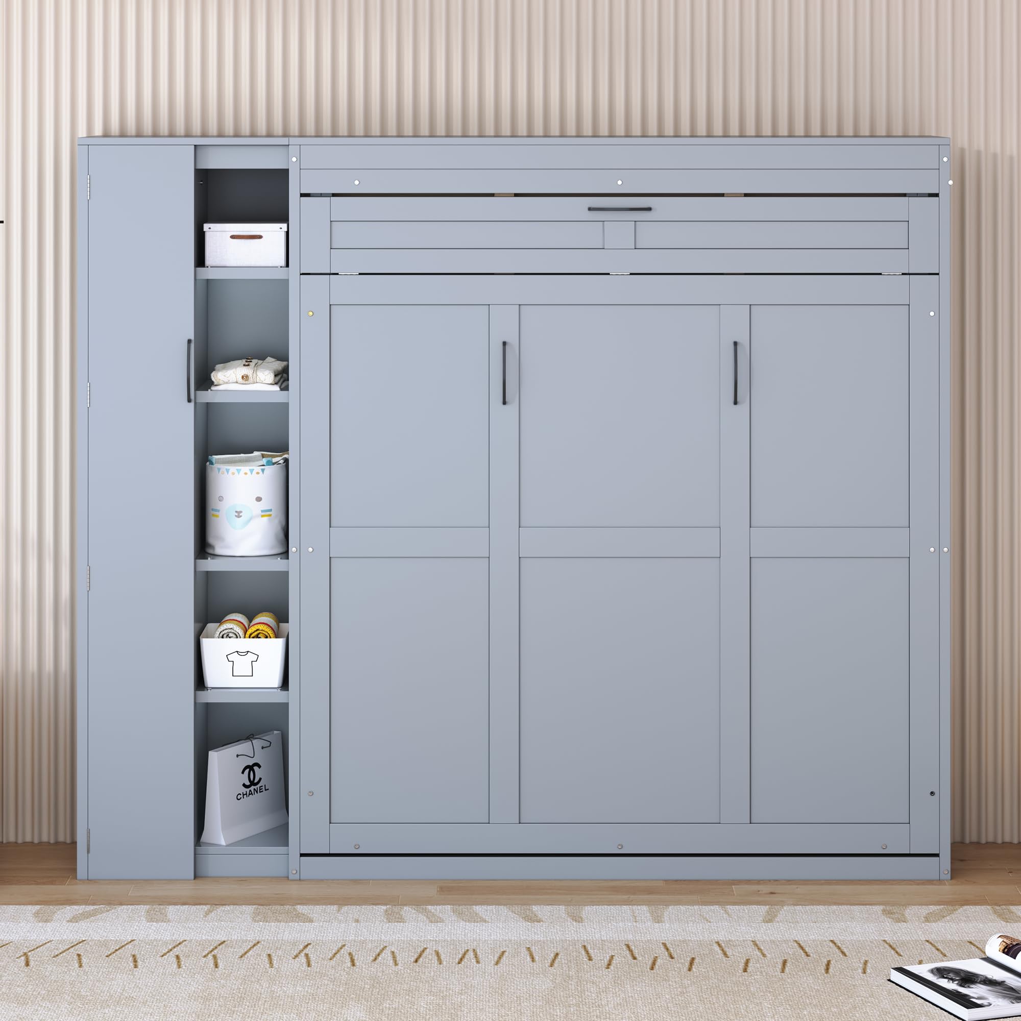 Ball & Cast Murphy Bed Queen Size Wall Chest with Shelves and 4 Drawers,Wood Hideaway Cabinet Platform Bedframe w/LED Lights,can be Folded,Space-Saving,for Small Room,Dorms,Gray