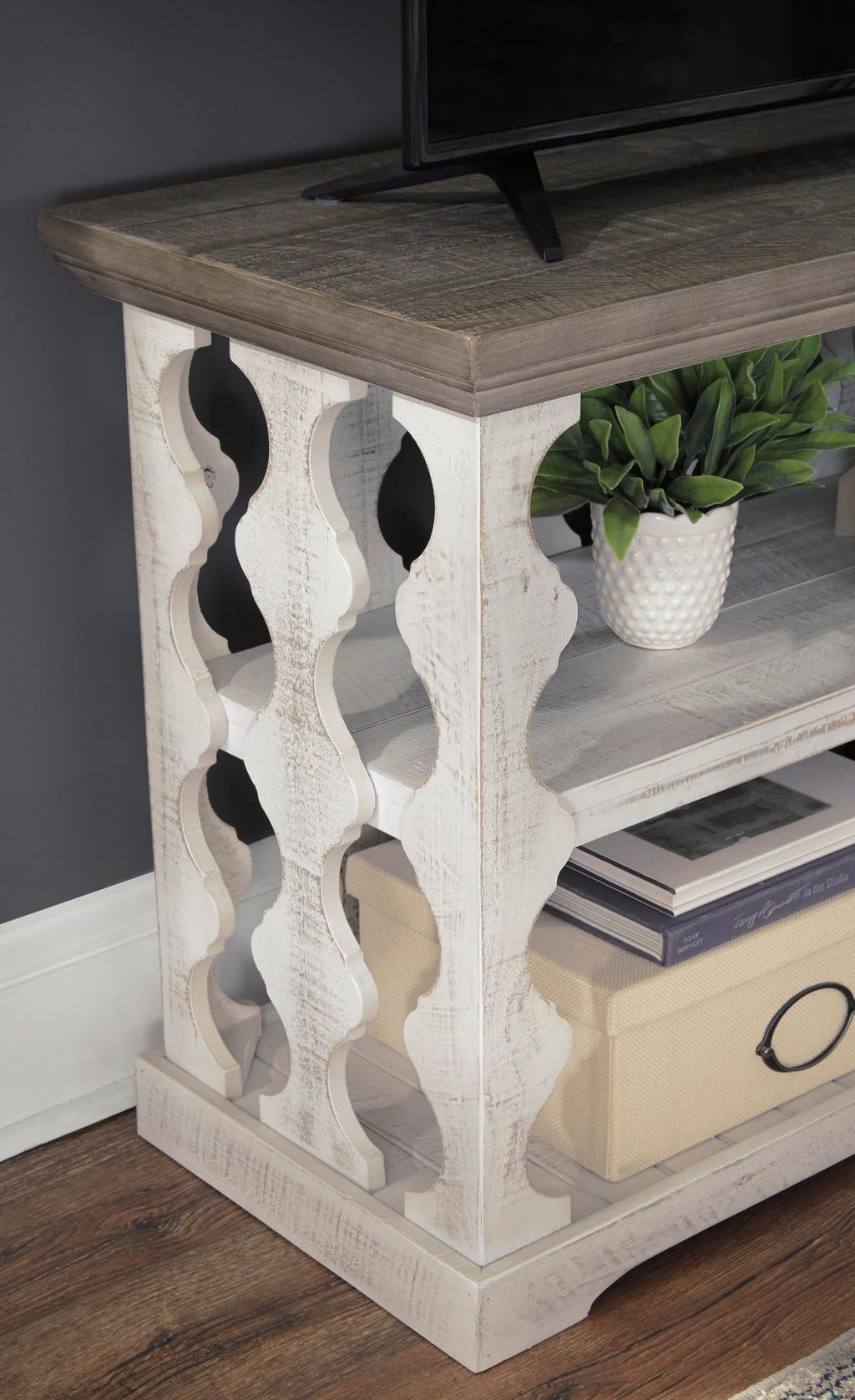 Signature Design by Ashley Havalance Farmhouse Console Sofa Table, Fixed Shelf, Pine Wood, 45.5" W x 17.25" D x 27.88" H, Distressed Finish, Gray & White