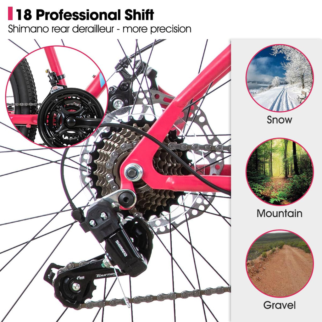 HH HILAND 26 Inch Womens Mountain Bike, with Step-Through Frame, 18 Speeds, Suspension Fork MTB, Bicycle for Women Men Adult Pink
