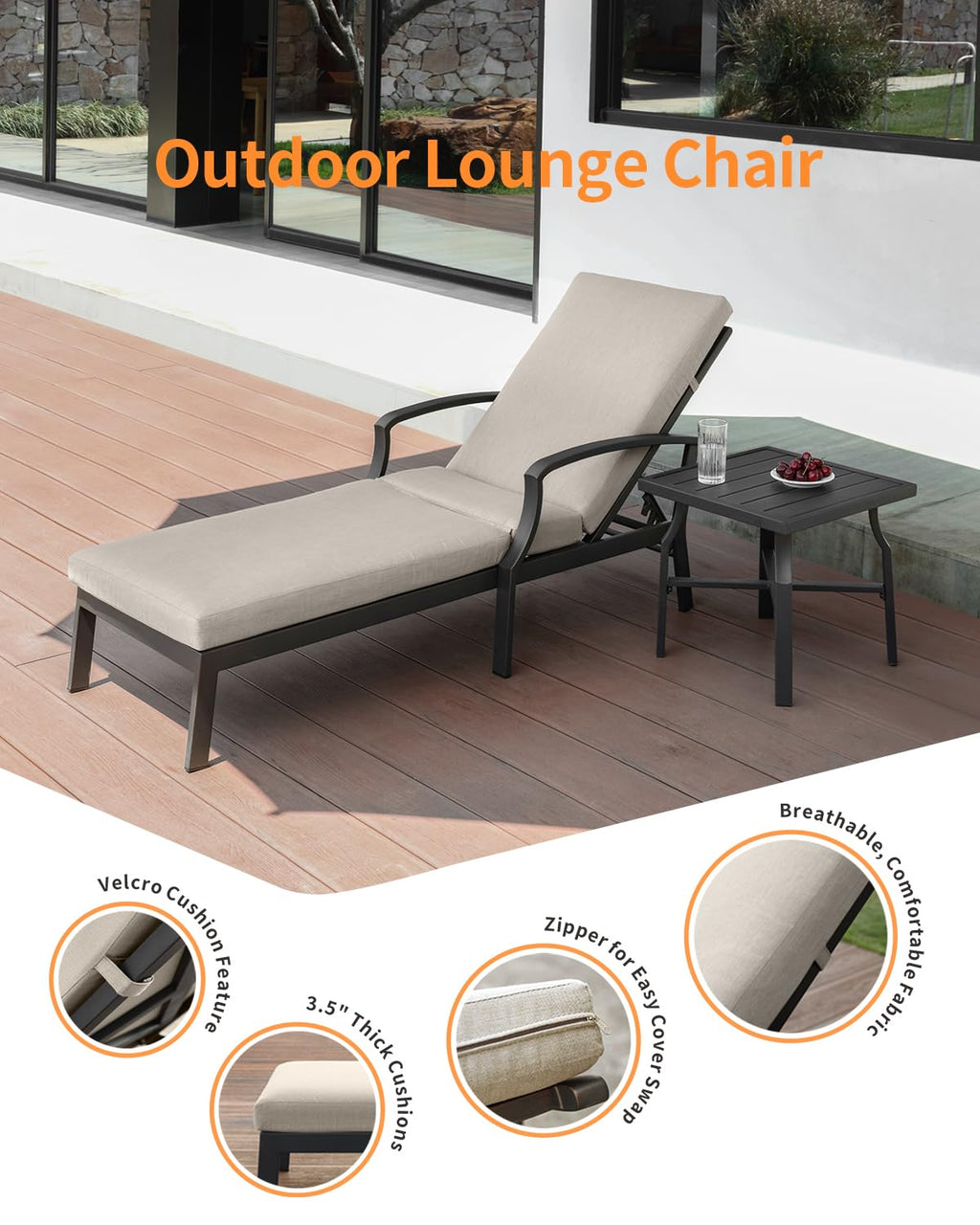 SEEHILL 2 Pieces Lounge Chair Set, Outdoor Chaise Lounge Set, Never-Rust Aluminum Pool Lounge Set with Gray Cushion, 6-Position Adjustable Patio Chaise with Outdoor Side Table for Poolside, Gunmetal