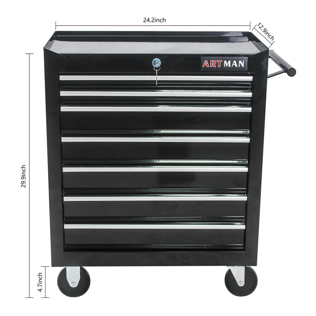 Aoile Tool Chest with 7-Drawer Tool Box Organizers and Storage,Rolling Multifunctional Tool Cart on Wheels,Tool Storage Organizer Cabinets with Key Locking for Garage, Warehouse, Repair Shop. (Black)