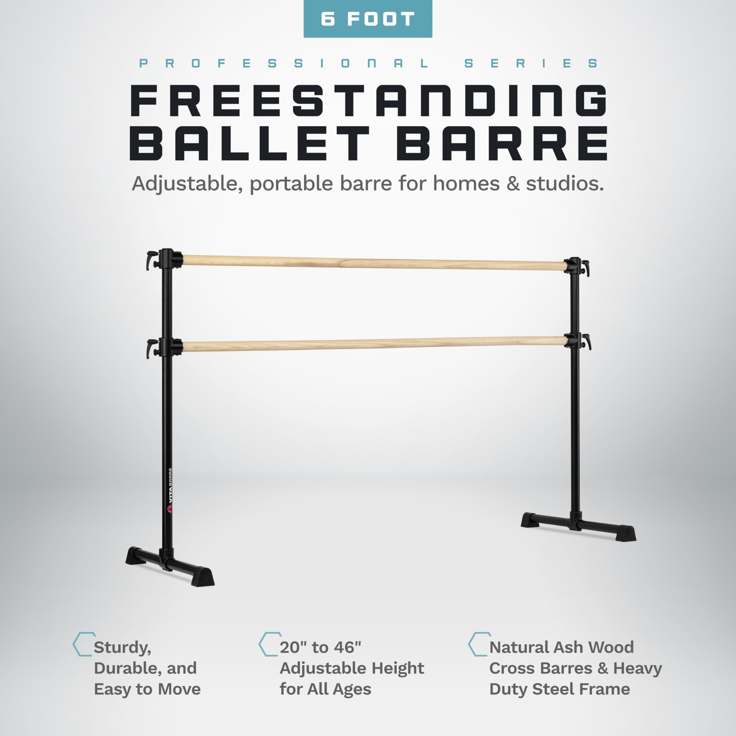 VITA Barre Portable Freestanding Double Ballet Barre, Professional, 6 Ft Bars, Black, Wood | Adjustable Height, Made in USA, Home or Gym Exercise Equipment for Kids & Adults | Dance, Fitness, Pilates