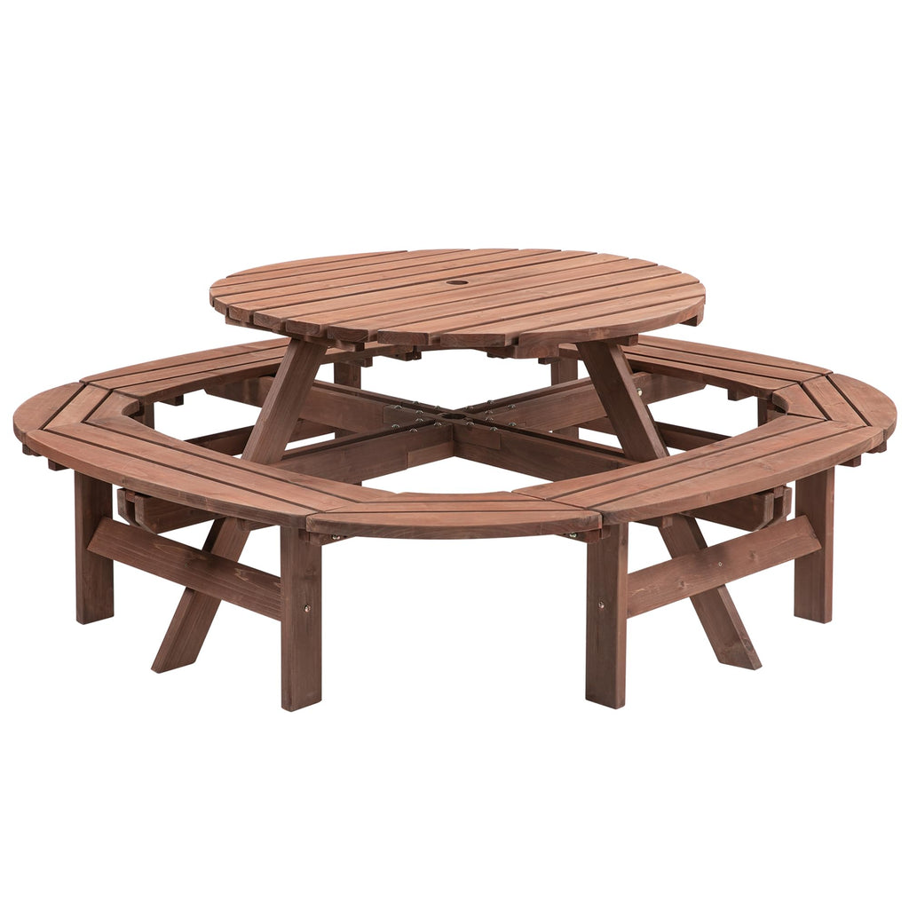 10-12 Person Round Outdoor Wooden Picnic Table with 1.97" Umbrella Hole, 70 Inch Heavy Duty Circular Backyard Patio Garden Table for Large Family Gathering, Rustic Fir Wood Dining Set, Walnut Brown