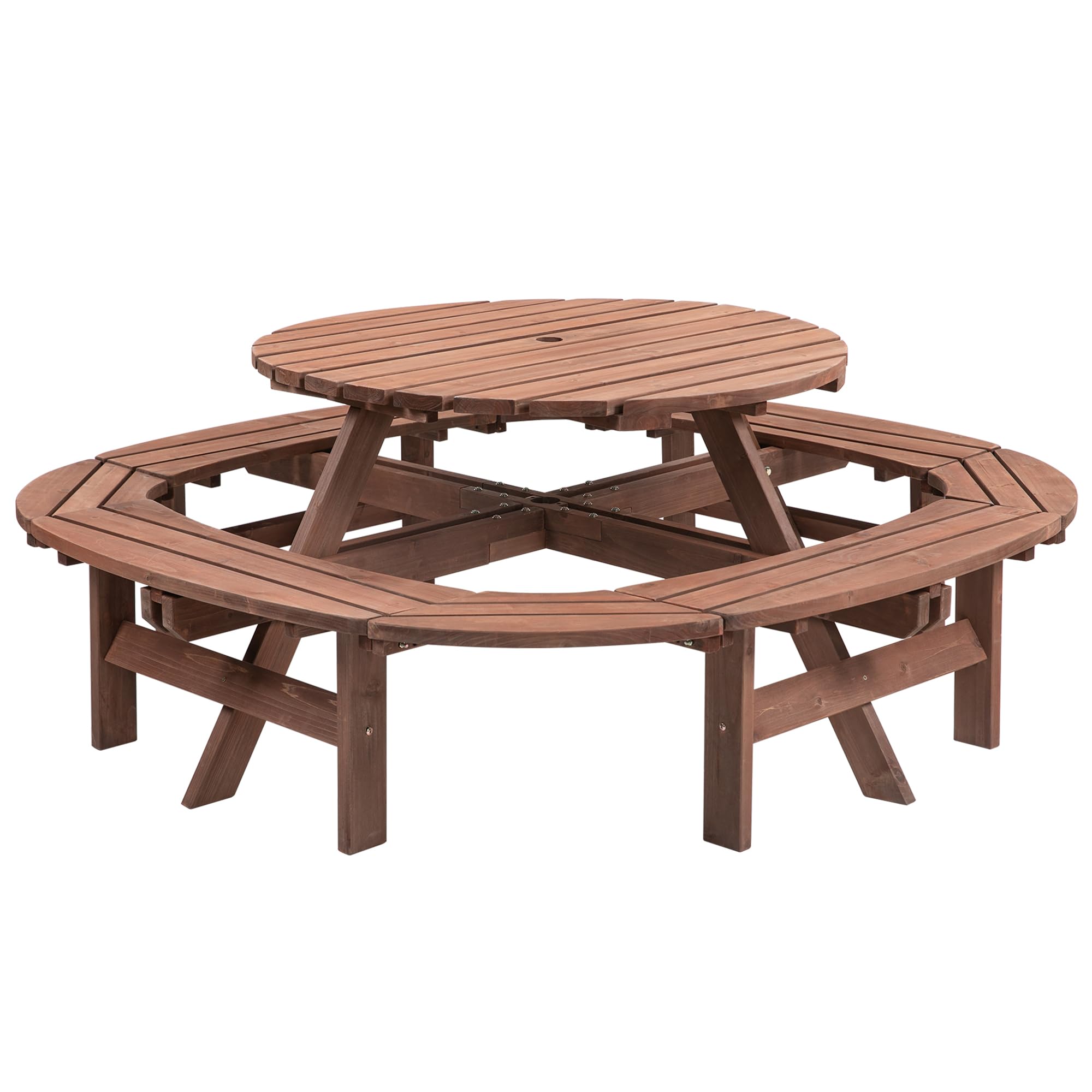 10-12 Person Round Outdoor Wooden Picnic Table with 1.97" Umbrella Hole, 70 Inch Heavy Duty Circular Backyard Patio Garden Table for Large Family Gathering, Rustic Fir Wood Dining Set, Walnut Brown