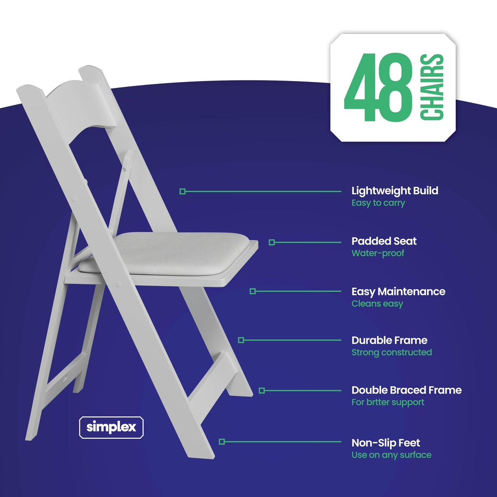 48 White Resin Folding Chairs, Stackable Event & Party Chairs, 800 LB Weight Capacity, Indoor Outdoor