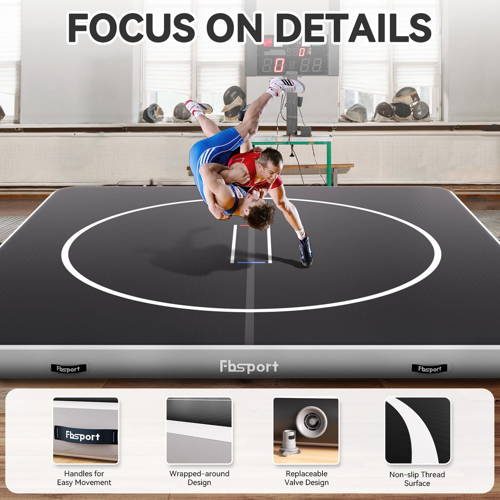 FBSPORT Inflatable Wrestling Mat 13ft /10ft /5ft, Outdoor and Indoor PVC Jiu Jitsu Mats, Gymnastics Training Mat Foldable for BJJ, MMA, Martial Art, Boxing, Grappling and Judo