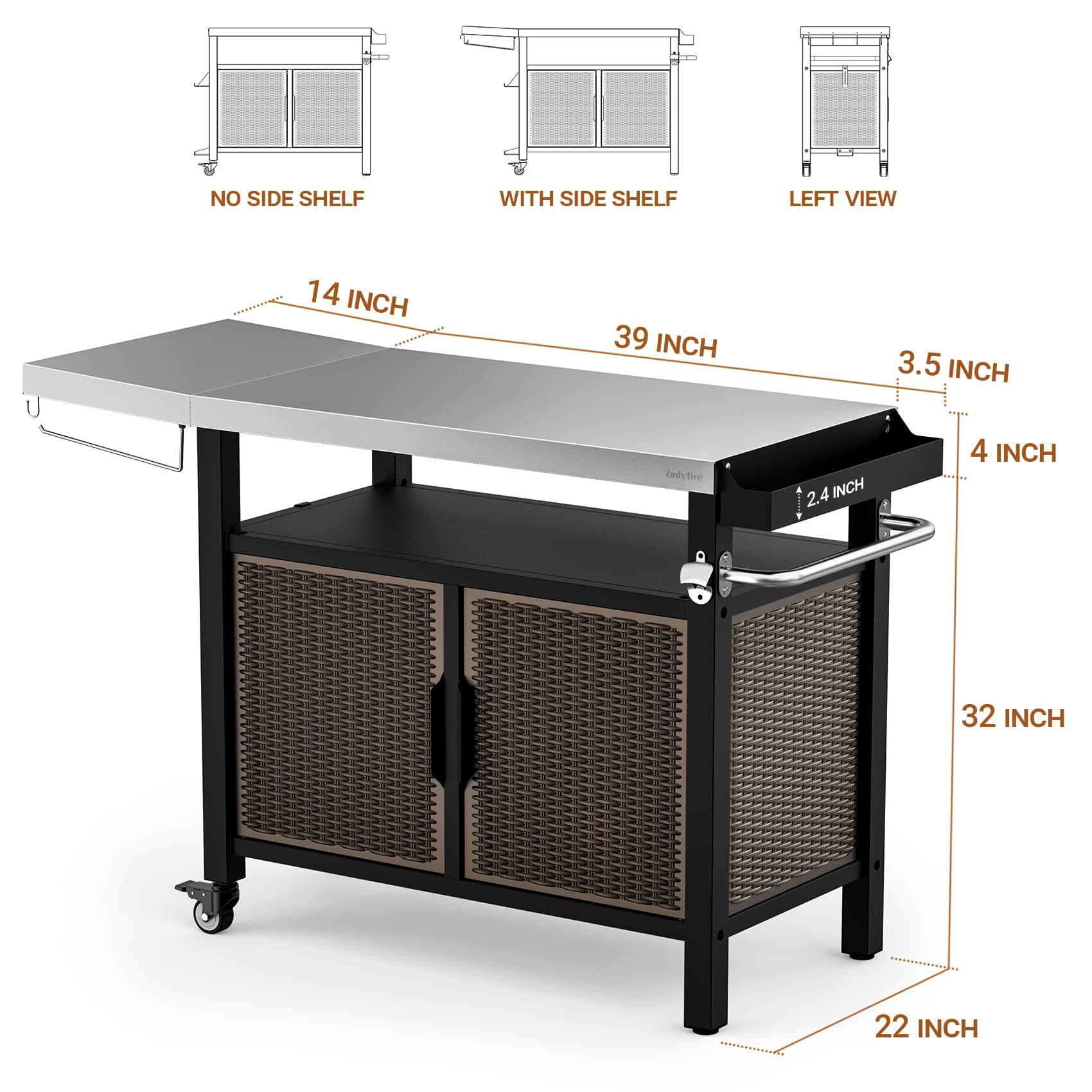 onlyfire 53-Inch Rolling Kitchen Island Cart with XL Stainless Steel Top & Rattan Texture Cabinet, Heavy-Duty Outdoor Dining Cart with Side Shelf, Propane Tank Holder, Spice Rack, Wheels for Patio