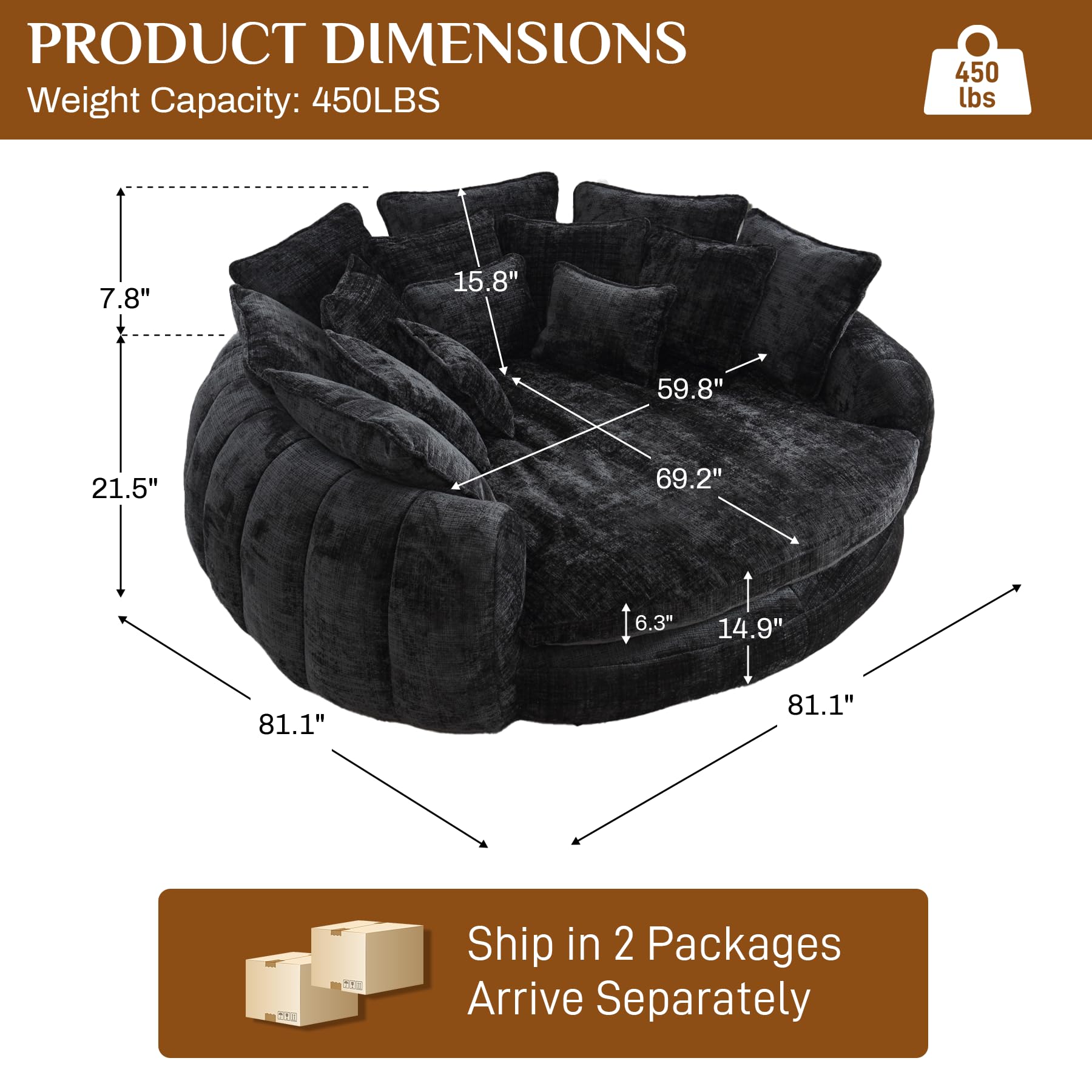 81" Round Sofa Bed Big Bean Bag Round Chaise Lounge Oversized Round Couch Boneless Reading Chair Plush Fluffy Chenille Large Chaise Chair for Living Room, Bedroom, Apartment, Black