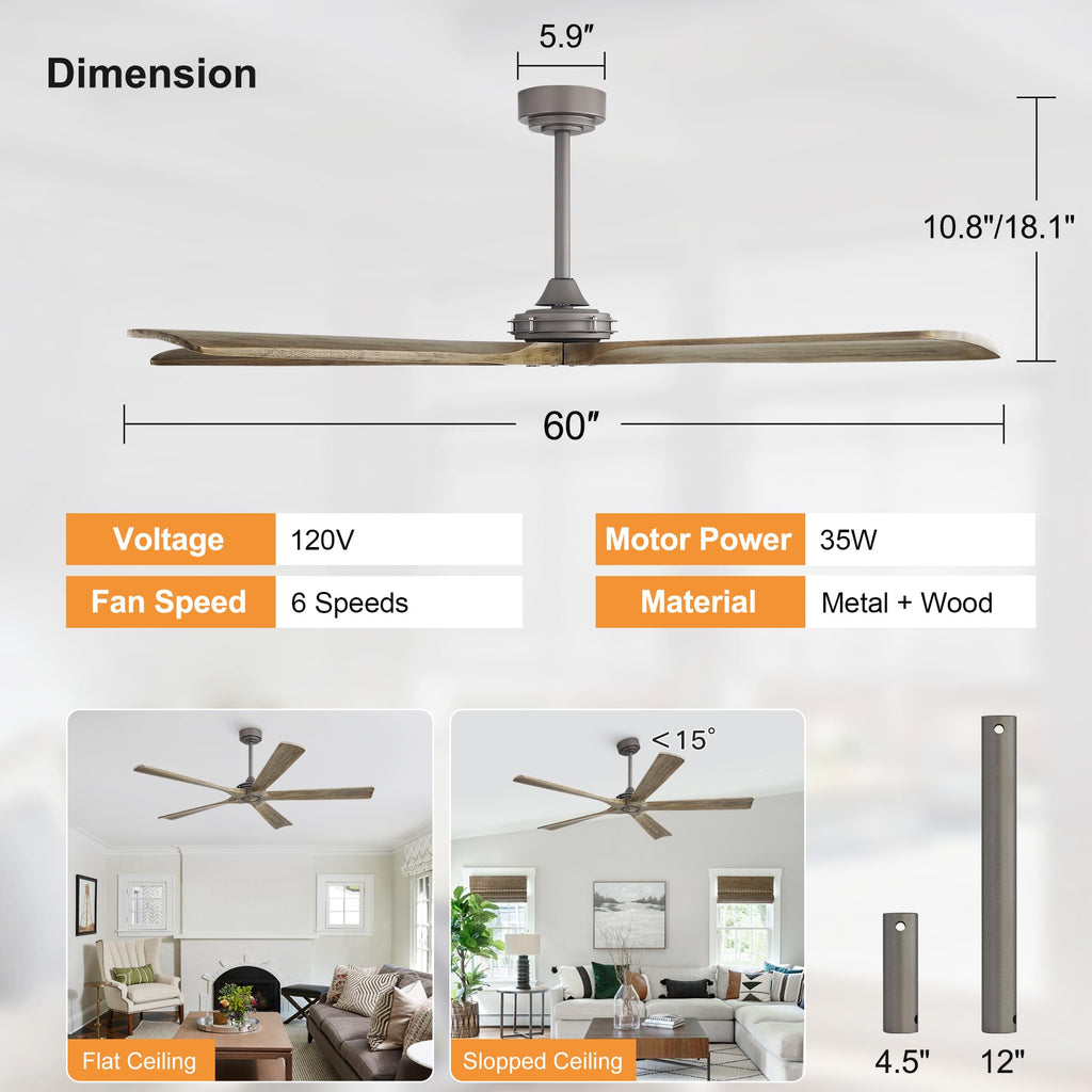 WINGBO 60 Inch Ceiling Fan without Light - 5 Carved Solid Wood Blades, 6-Speed Reversible DC Motor, Noiseless Remote Control Ceiling Fan No Light for Bedroom Living Room Kitchen, Charcoal and Gray