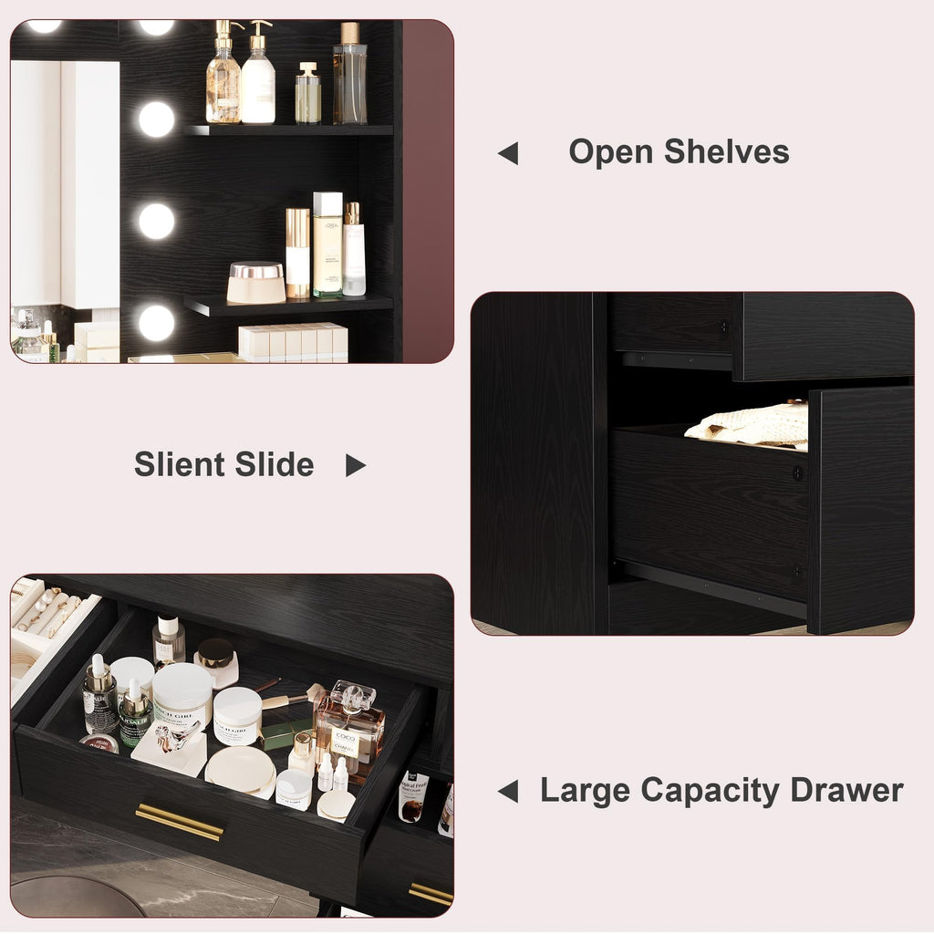 Vanity Desk Table with Lighted Mirror 45.6“ Girls Makeup Vanity with Power Outlet, 3 Colors Lighting Adjustable,8 Stroge Drawers, Brightness Vanity Table for Women Bedroom Dressing Room