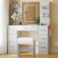 7-Drawer White Vanity Desk with Lighted Mirror & Dimmable LED Lights,Makeup Vanity Set with Power Outlets & USB Ports, 3 Color Lighting Modes, Cushioned Stool & Hair Dryer Holder, Dressing Table for