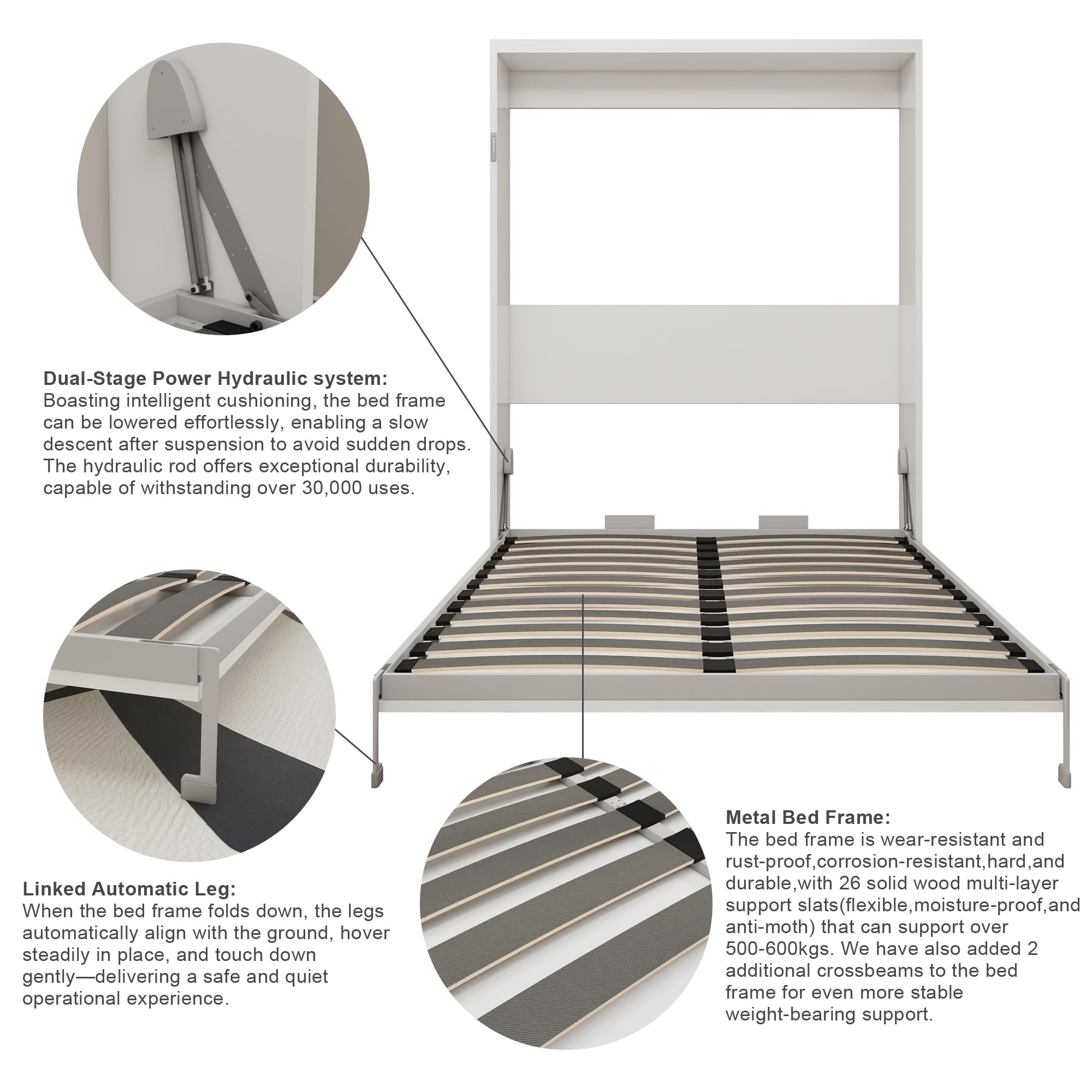KEIKI Queen Size Vertical Cabinet Murphy Bed with Automatic Leg, Multifunctional Foldable Hideaway Wall Metal Bed Frame with Slats, No Box Spring Needed, Easy Assembly, for Bedroom, Guest Room, White