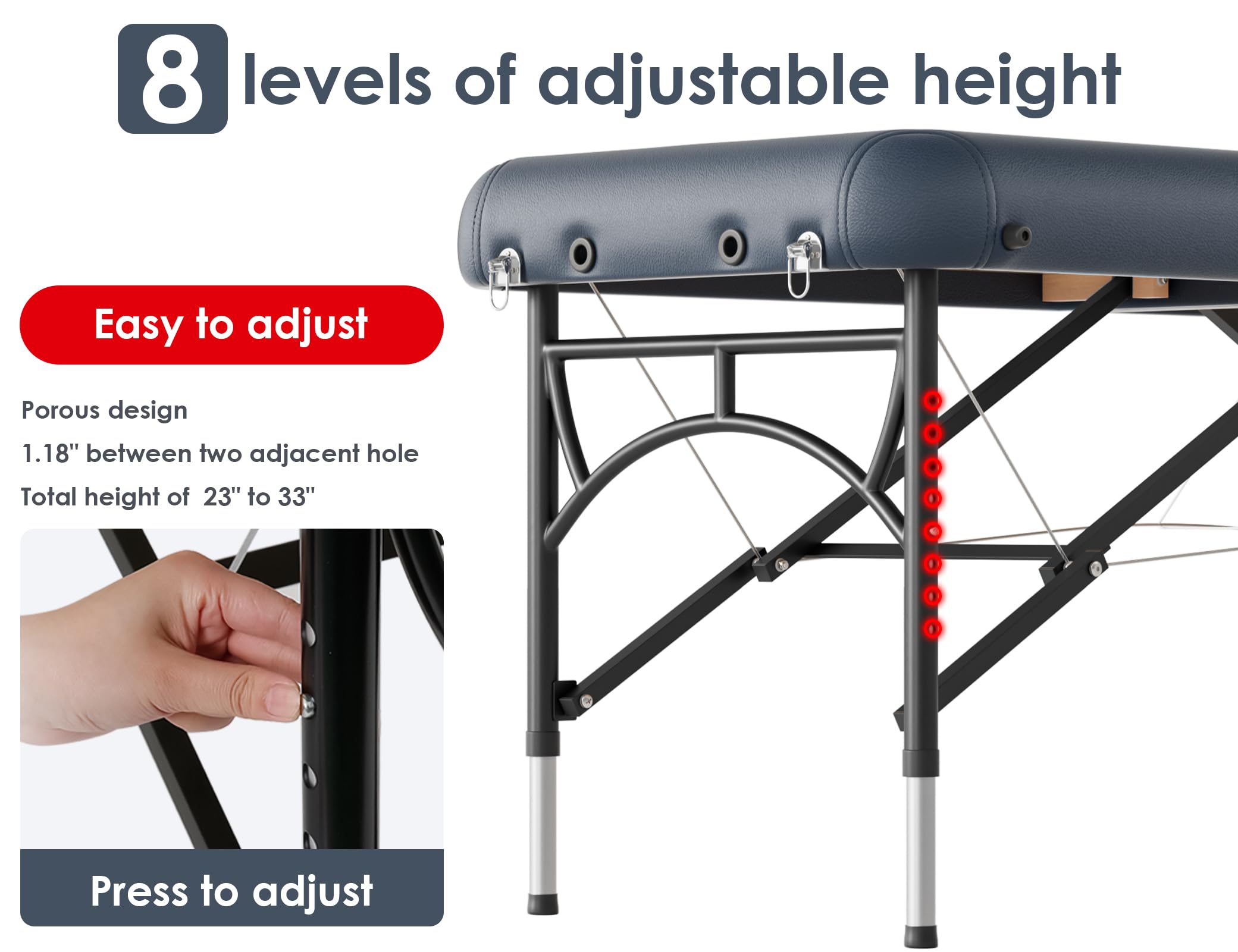 CLORIS 84" Professional Massage Table Portable 2 Folding Lightweight Facial Salon Spa Tattoo Bed Height Adjustable with Carrying Bag & Aluminium Leg Hold Up to 1100LBS Blue