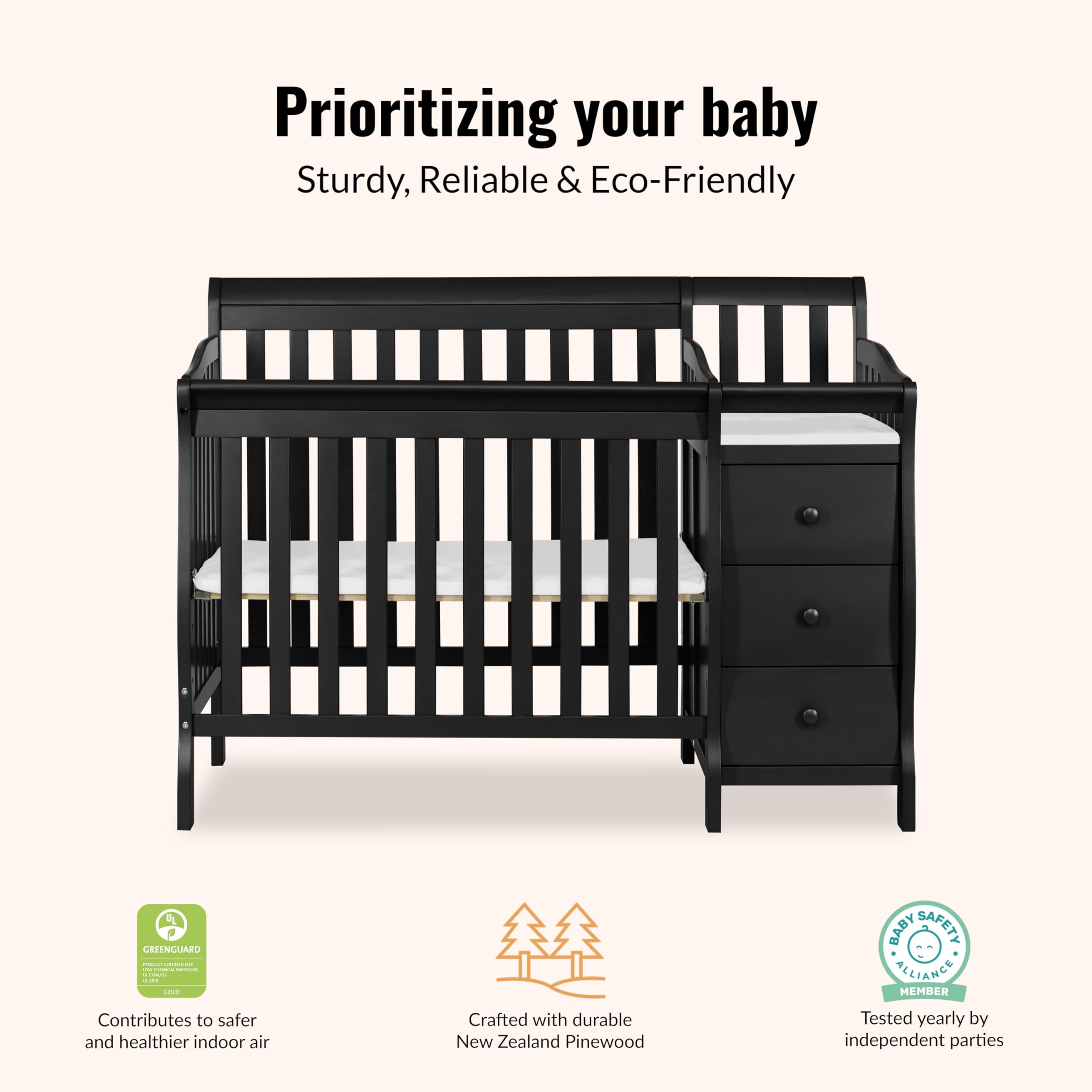 Dream On Me Jayden 4‑in‑1 Mini Convertible Baby Crib & Changer with Storage in Black, Pinewood, GreenGuard Gold & BSA, 1” Mattress Pad, 3 Mattress Heights, Converts to Mini Day & Twin-Size Bed