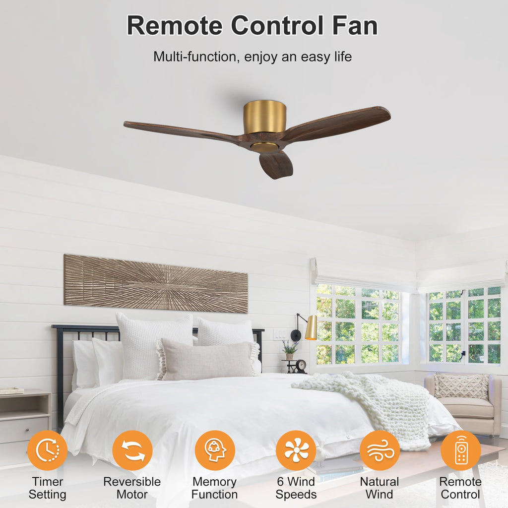 WINGBO 48" Flush Mount Ceiling Fan No Light - 3 Carved Solid Wood Blades, 6-Speed Reversible DC Motor, Dimmable, 3CCT, Low Profile Ceiling Fans without Lights for Bedroom Living Room, Gold and Walnut