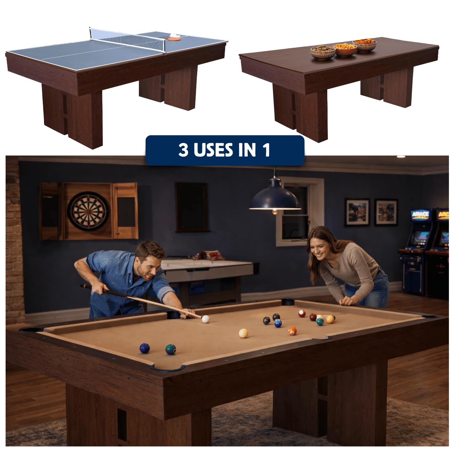 7 FT Pool Table with Dining Top, 3-in-1 Combo Game Table Billiards, Ping Pong and Dining Table. NEW & Improved Design 2026! (Table with Benches)