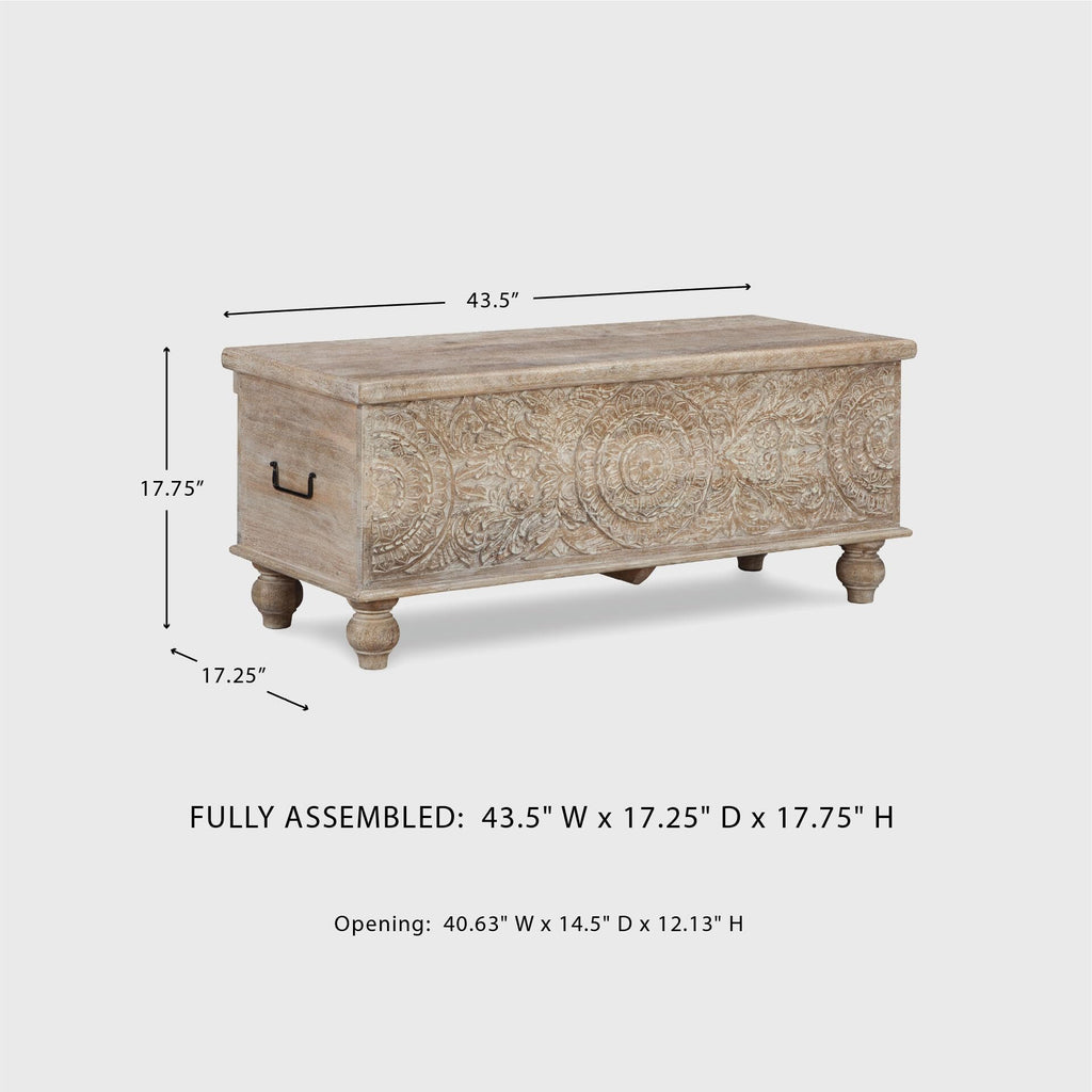 Signature Design by Ashley Fossile Ridge Boho Carved Wood Storage Bench with Hinge Top, Beige