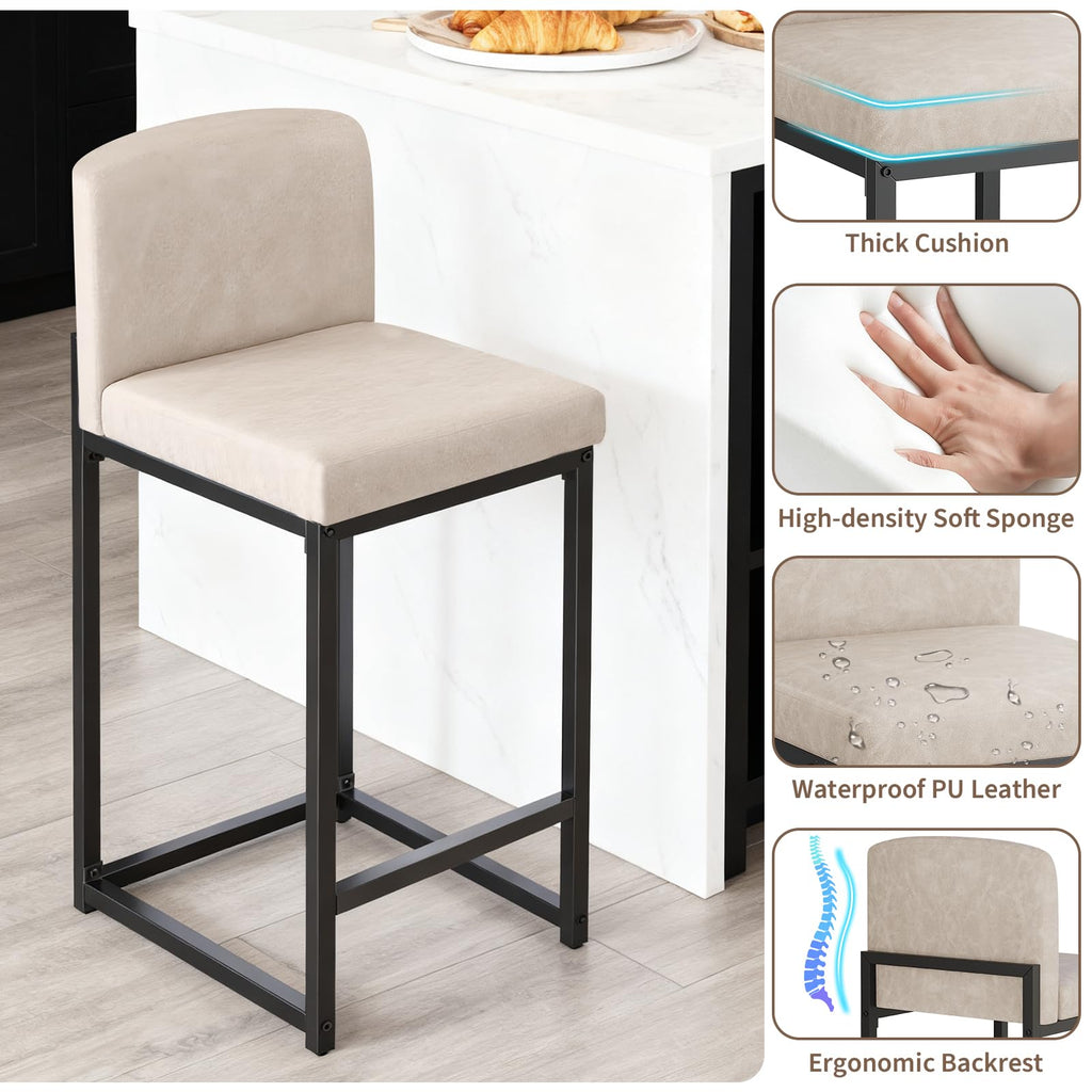 GarveeHome Bar Stools Set of 6, Modern Counter Height Bar Stools with Back and Footrest, Faux Leather Upholstered Barstools Chairs for Kitchen Island Dining Room Bar, Beige