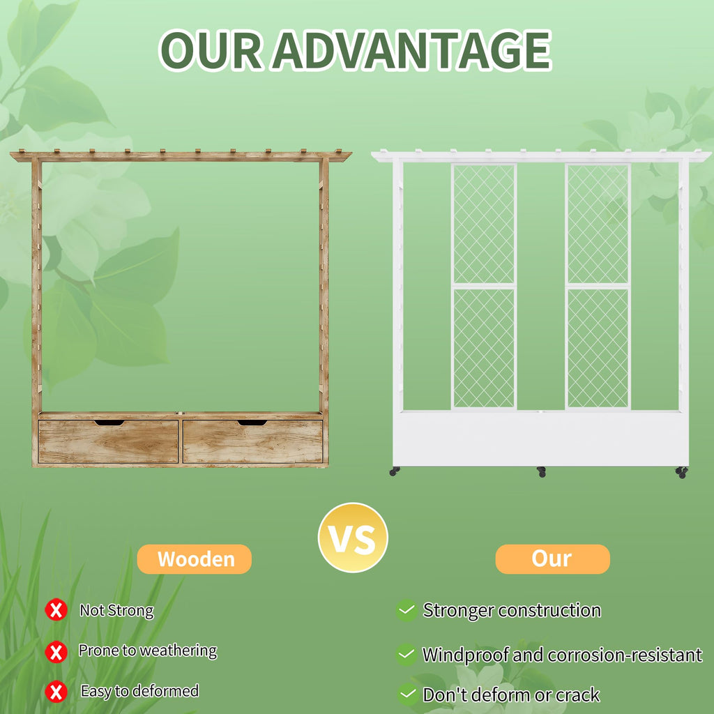 Sunnibety Raised Garden Bed with Trellis & Hanging Roof, Weatherproof Metal Planter Box with Wheels, Garden Arch Trellis for Outdoor Climbing Plants Vines Flowers, 74" H x 77" L x 17" W, White