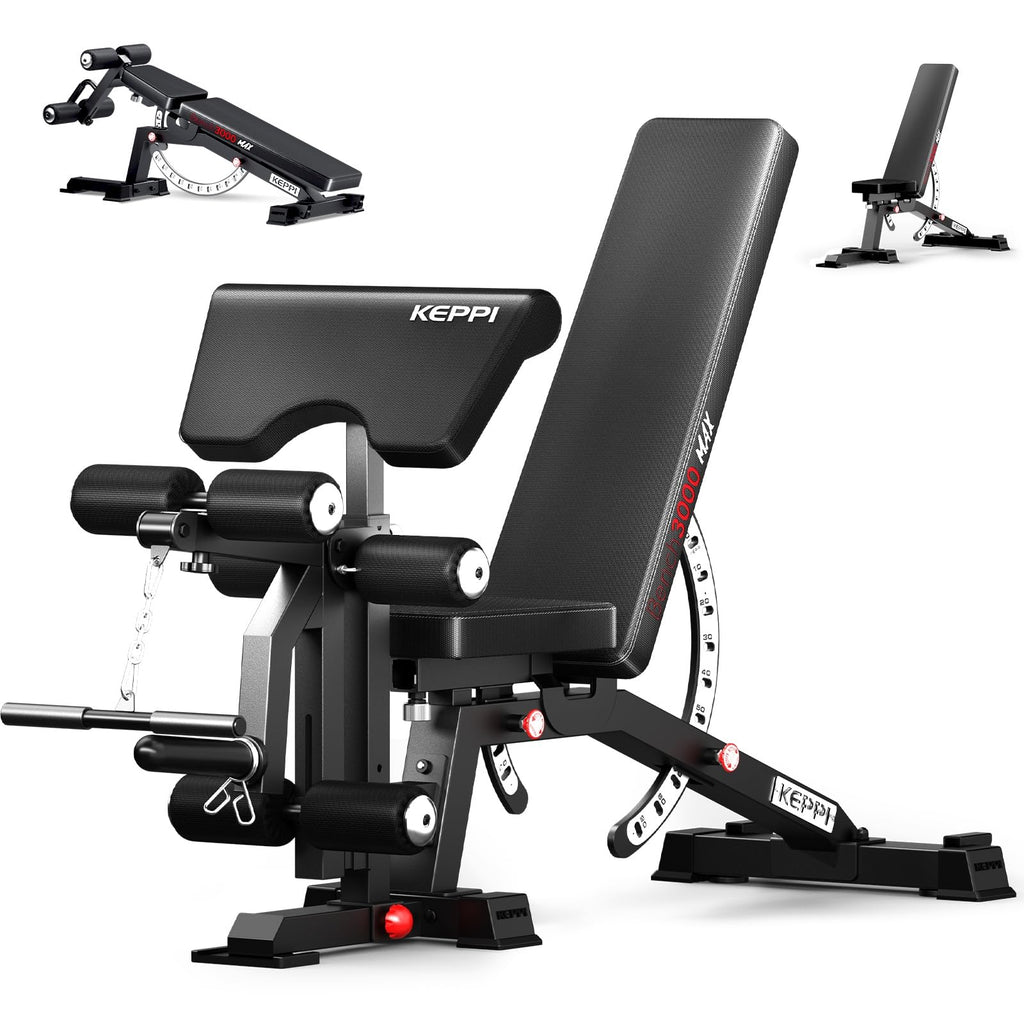 Keppi Fitness Weight Bench, 1200LBS Workout Bench with Leg Extension/Curl and Preacher Curl Attachment, Flat Incline Decline Weight Bench for Home Gym - Bench3000 Max